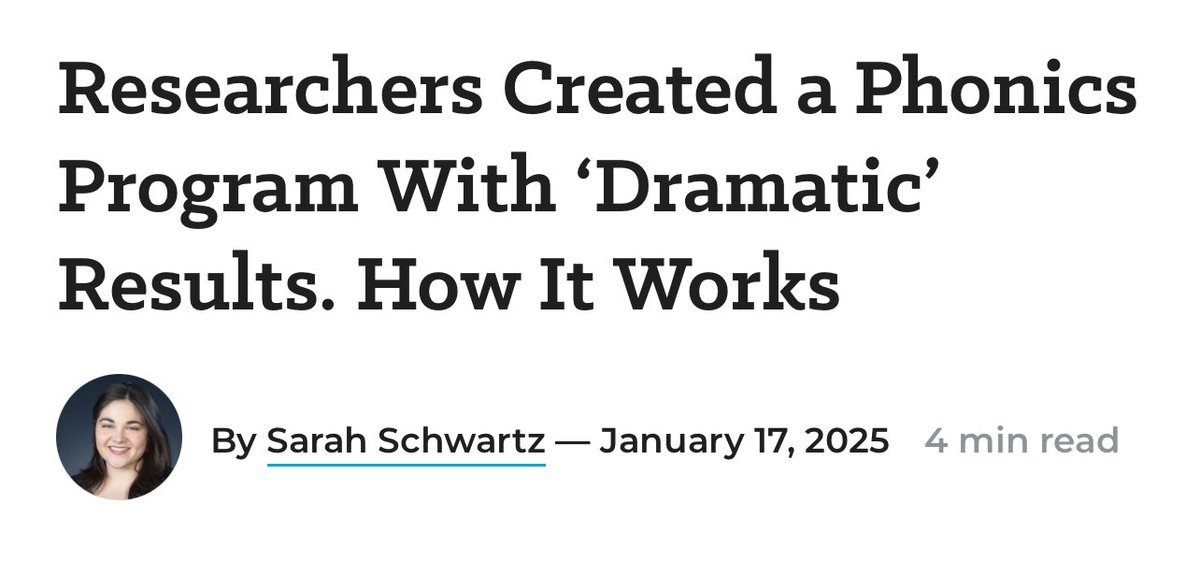 Karen Vaites (@karenvaites) on Twitter photo “Gains from UFLI are equivalent to 8 months of additional instruction for kindergarteners, and almost a year-and-a-half of extra instruction for 1st graders.”
“In reading studies these days, these kinds of findings are rare.”
– <a href="/devin_kearns/">Devin Kearns</a>
<a href="/s_e_schwartz/">Sarah Schwartz</a> reports on UFLI “Gains from UFLI are equivalent to 8 months of additional instruction for kindergarteners, and almost a year-and-a-half of extra instruction for 1st graders.”
“In reading studies these days, these kinds of findings are rare.”
– <a href="/devin_kearns/">Devin Kearns</a>
<a href="/s_e_schwartz/">Sarah Schwartz</a> reports on UFLI