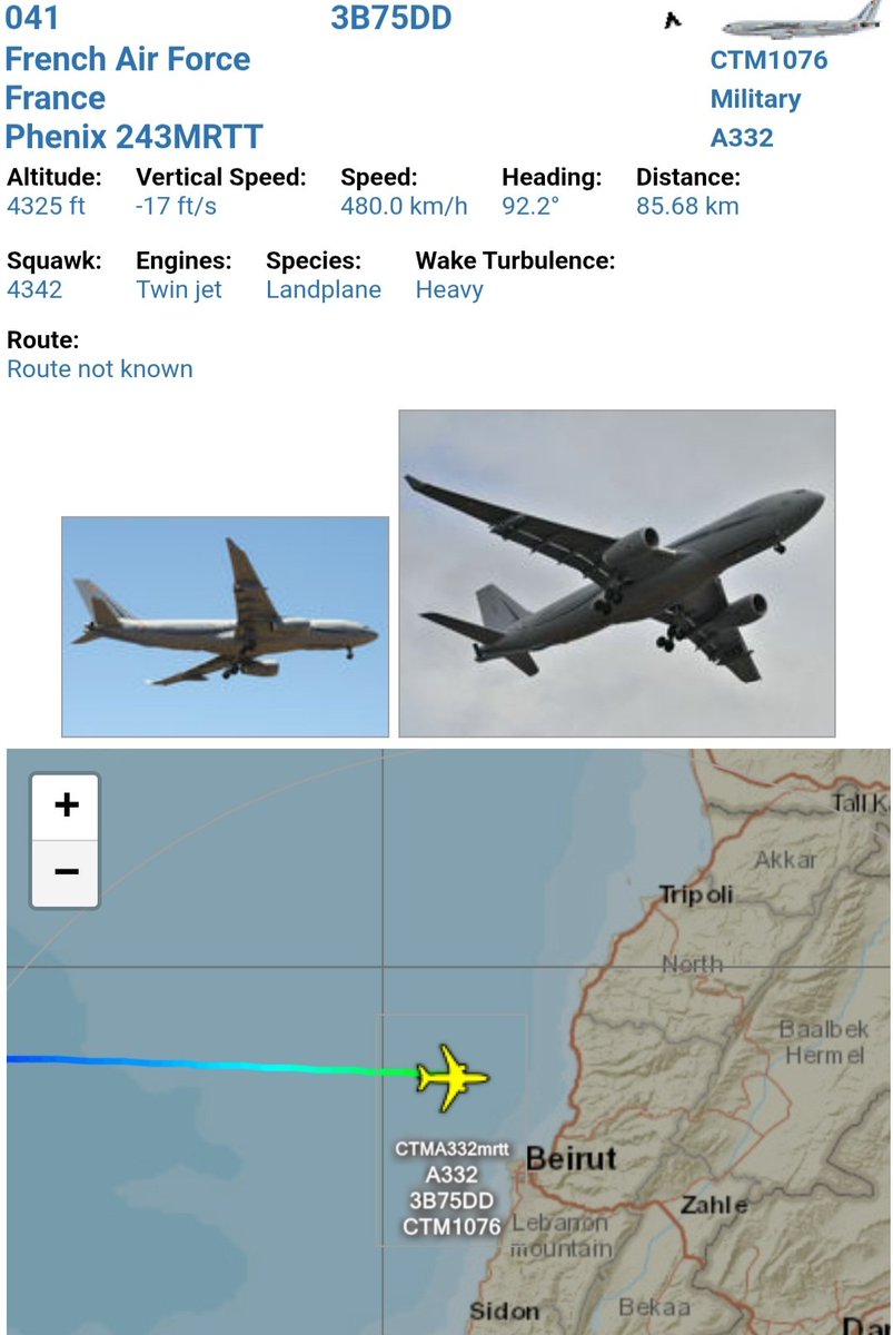 LebanonJets's tweet photo. Video (+ATC): #France AirForce (Armée de l'Air) A330MRTT #FUJCG #3B75DD "Phenix" as #CTM1076 arrived into Beirut from Istres LesTube AirBase near Marseille then into Bastia-2 French MRTTs saved while our account here was suspended Sep-Dec 2024
https://t.co/tpljioMDrv https://t.co/X9qsbvBoUk