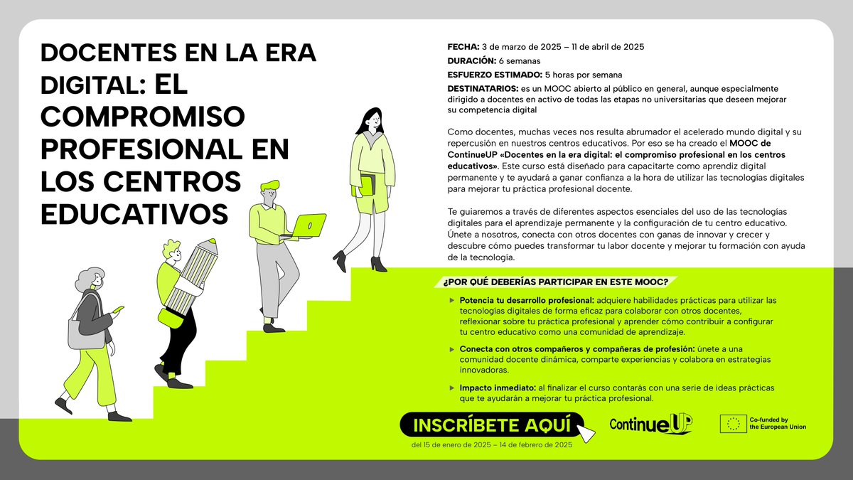 educaINTEF's tweet photo. 🌐El proyecto #ContinueUP promueve el compromiso profesional docente a través del MOOC “Docentes en la era digital: el compromiso profesional en los centros educativos”
📝Inscripción abierta hasta el 14 de febrero de 2025
👉https://t.co/wDrHMQC3Aw https://t.co/VQJkCSpwpK