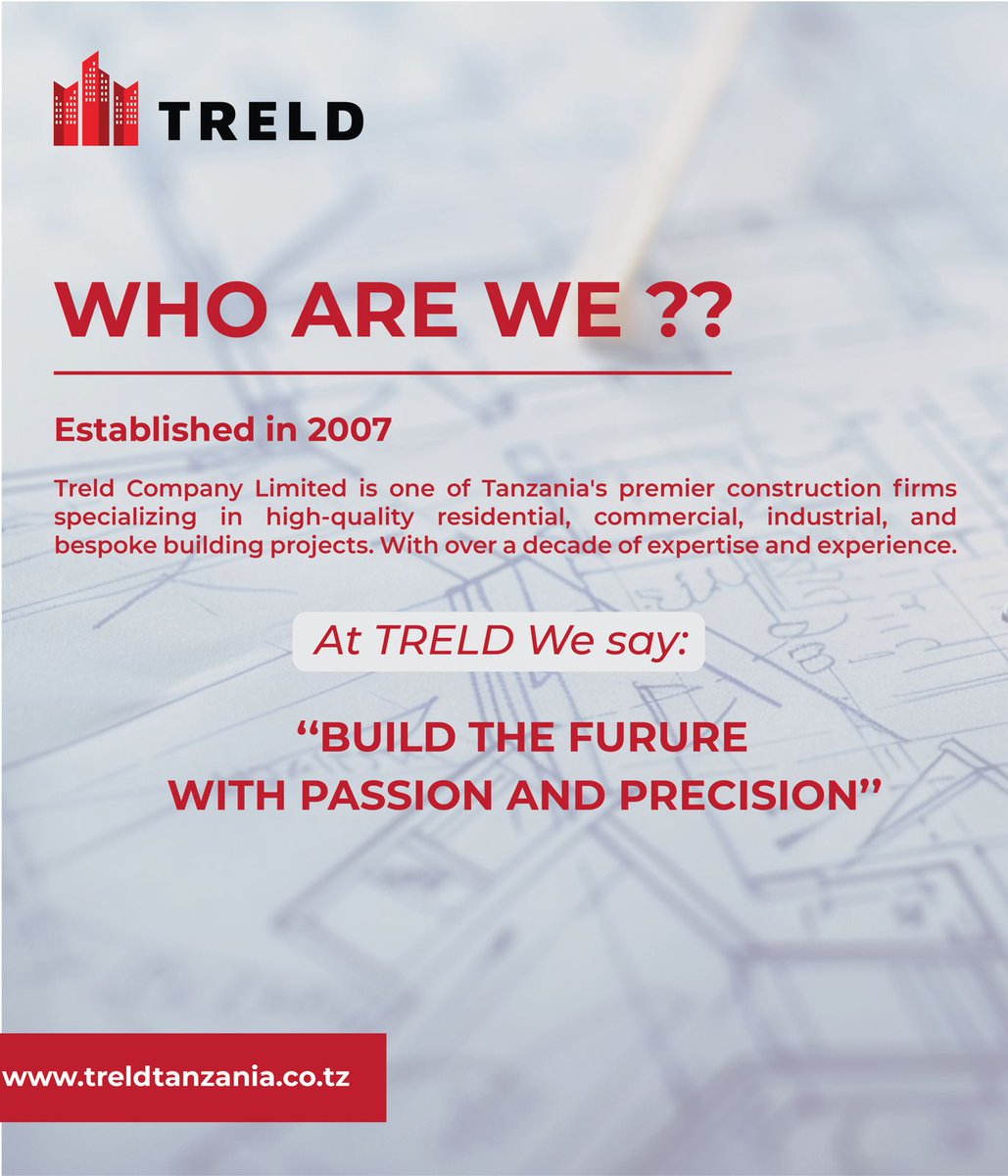 TreldTanzania's tweet photo. 🏗️ With over a decade of expertise, Treld Company Limited is shaping Tanzania’s future with passion and precision! From residential to commercial and industrial projects, we blend innovation, sustainability, and excellence. 💡✨ #BuildingTheFuture #TreldTanzania https://t.co/Uu9vvrqr1I