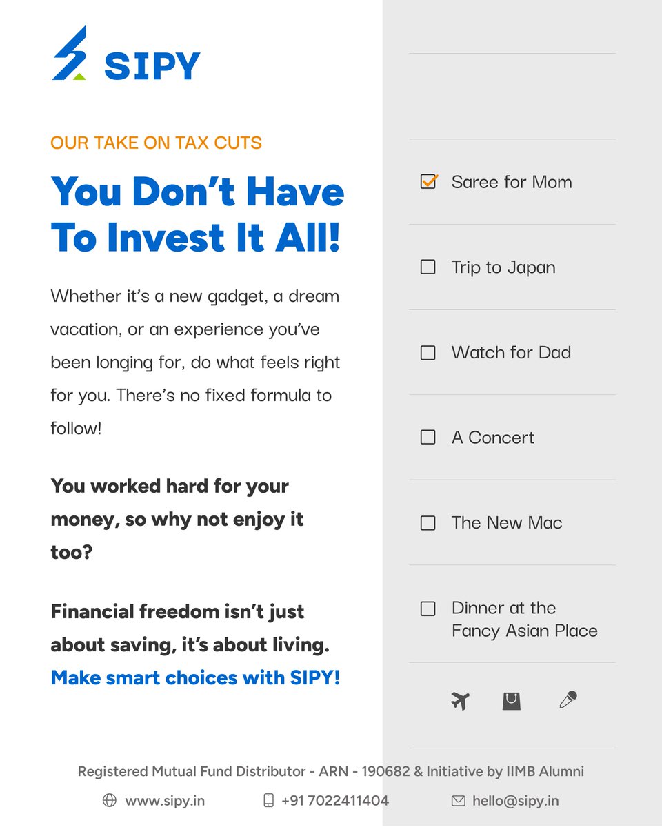 SIPYCARE's tweet image. Use your tax savings wisely - upgrade your lifestyle, or grow your wealth with SIPY! What is your take on tax cuts? 
#SIPY 
#FinancialFreedom
#SmartChoices
#TaxCuts 
#Chennai 
#InvestSmart