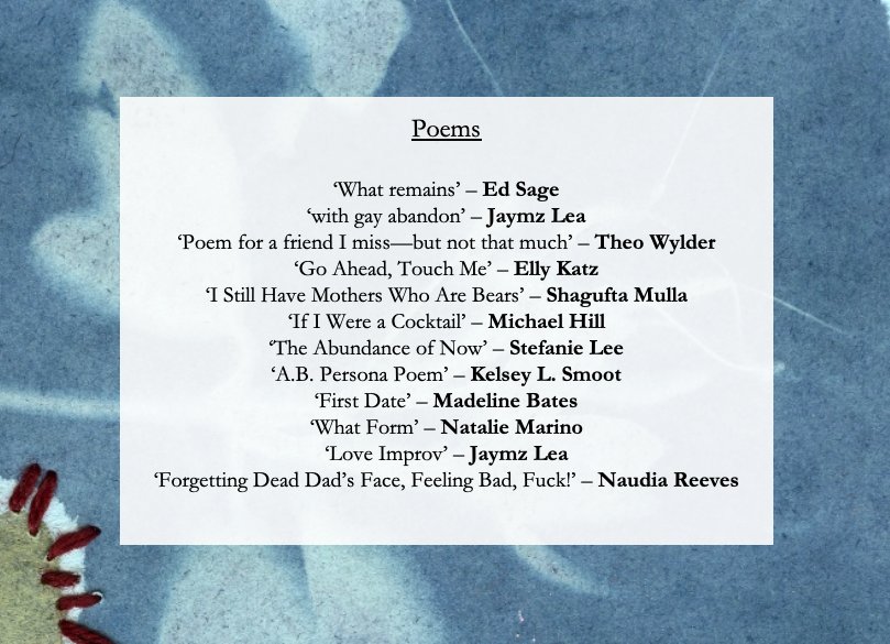 Issue 15 is out now! This issue features cover art by Prerna Bajaj and 12 gorgeous poems.

Find the full issue on our website - link in bio.