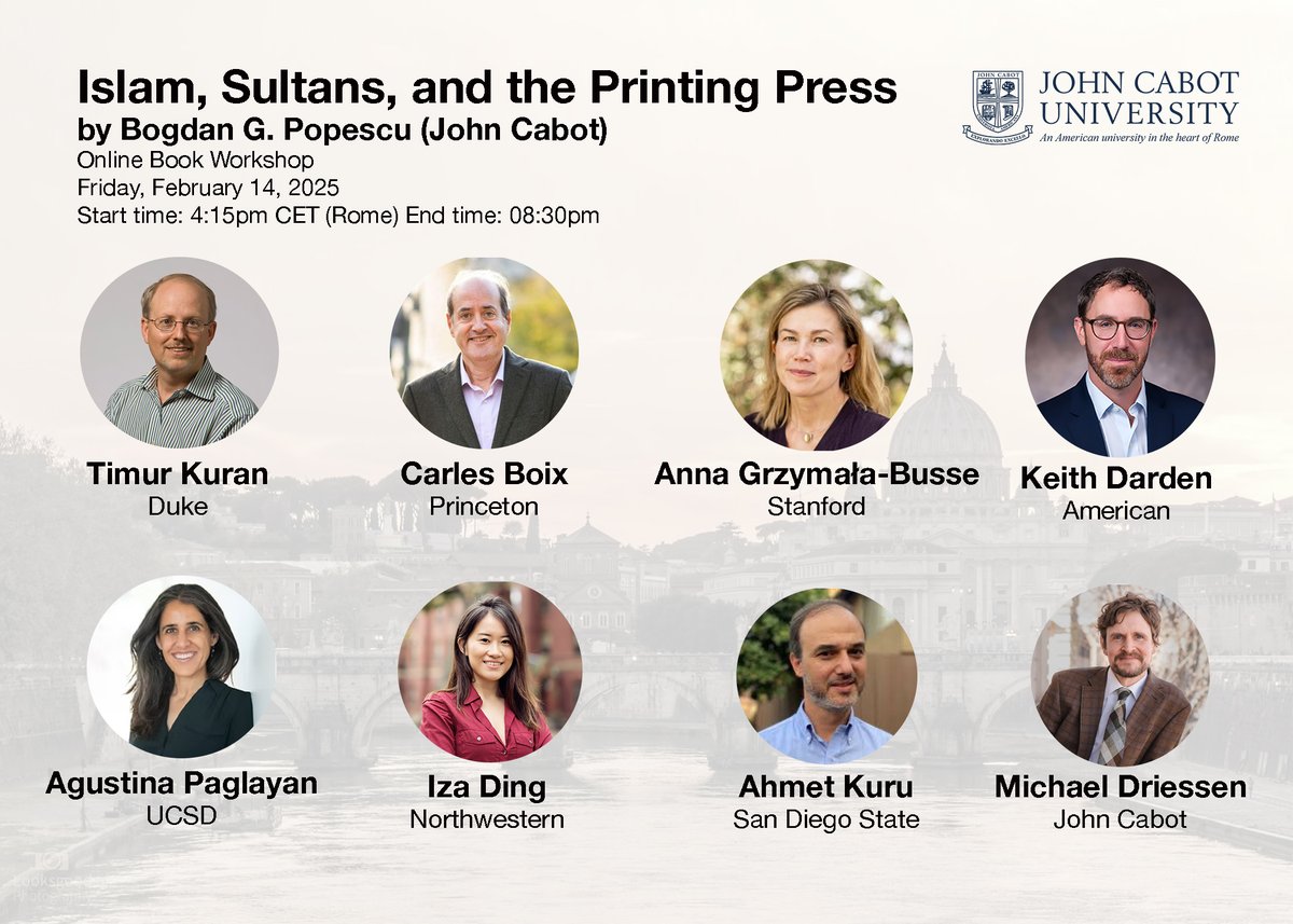 Bogdan G. Popescu (@bogdangpopescu1) on Twitter photo Join us online on Feb 14, 2025 for a deep dive into my second book "Islam, Sultans, and the Printing Press" 📖🕌. Featuring an all-star lineup including <a href="/timurkuran/">Timur Kuran</a>, <a href="/boixserra/">Carles Boix 🇺🇦</a>, <a href="/izading/">Iza Ding</a>, <a href="/prof_ahmetkuru/">Ahmet T. Kuru</a>
<a href="/MichaelDDriess1/">Michael Daniel Driessen</a>
DM me if you'd like to join! 🔥 #History #PoliticalEconomy Join us online on Feb 14, 2025 for a deep dive into my second book "Islam, Sultans, and the Printing Press" 📖🕌. Featuring an all-star lineup including <a href="/timurkuran/">Timur Kuran</a>, <a href="/boixserra/">Carles Boix 🇺🇦</a>, <a href="/izading/">Iza Ding</a>, <a href="/prof_ahmetkuru/">Ahmet T. Kuru</a>
<a href="/MichaelDDriess1/">Michael Daniel Driessen</a>
DM me if you'd like to join! 🔥 #History #PoliticalEconomy