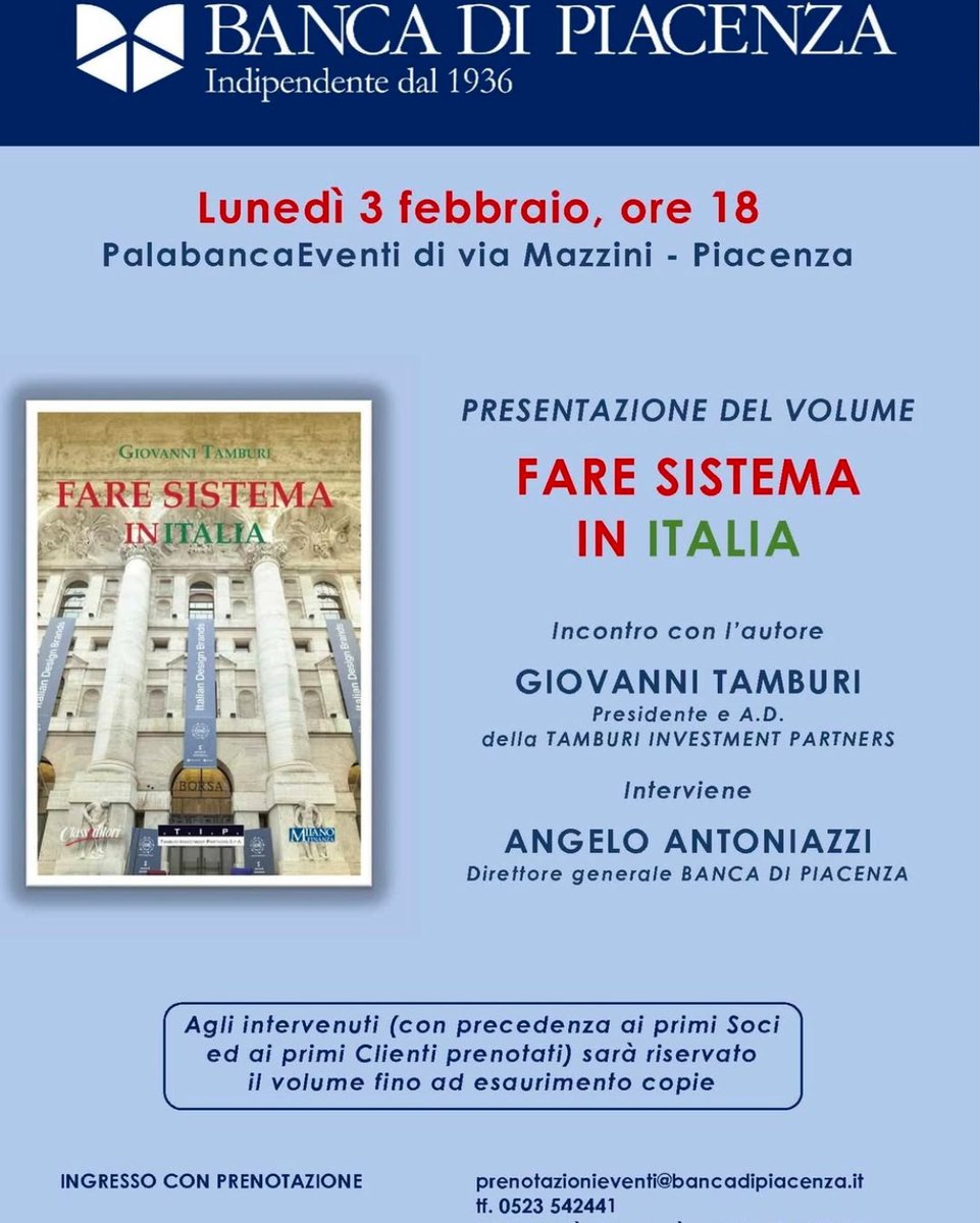 Tamburi Investment Partners (@tamburitip) on Twitter photo Presentazione del volume "Fare sistema in Italia" <a href="/TamburiTIP/">Tamburi Investment Partners</a> via <a href="/PiacenzaSera/">Piacenza Sera</a>
tipspa.it/uploads/5e7aea… Presentazione del volume "Fare sistema in Italia" <a href="/TamburiTIP/">Tamburi Investment Partners</a> via <a href="/PiacenzaSera/">Piacenza Sera</a>
tipspa.it/uploads/5e7aea…
