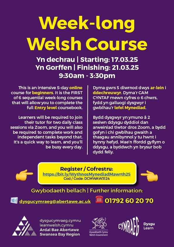 🏴󠁧󠁢󠁷󠁬󠁳󠁿 WEEK-LONG WELSH COURSE 
🟡 ENTRY LEVEL
📍 Online / Ar lein
📅 17/03/25 – 21/03/25 
⏰ 9:30am – 3:30pm bob dydd (every day)
❓ Only £15 for 5 full days! 

Register here / Cofrestrwch yma: bit.ly/WythnosMynedia…