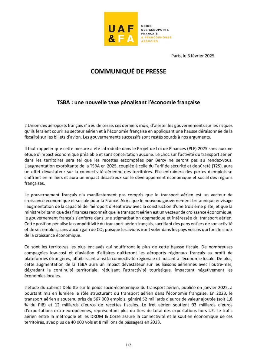[#Aviation] À l'annonce des résultats de la CMP concernant la #TSBA, Thomas JUIN, Président de l'UAF, a déclaré : « Cette décision est économiquement irresponsable et menace la vitalité de nos aéroports régionaux et la connectivité de nos régions ainsi que de nos collectivités