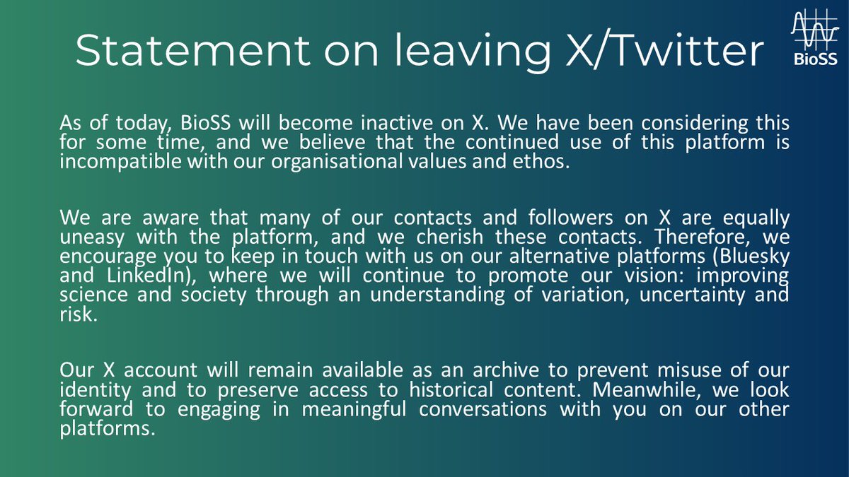 BioSScotland's tweet image. As of today, BioSS will cease activity on X. We believe this platform is no longer compatible with our organisation's values and ethos.
To stay in touch, please join us on our other platforms:
🦋Bluesky: bsky.app/profile/bioss.…
🔗LinkedIn: linkedin.com/company/biomat…
