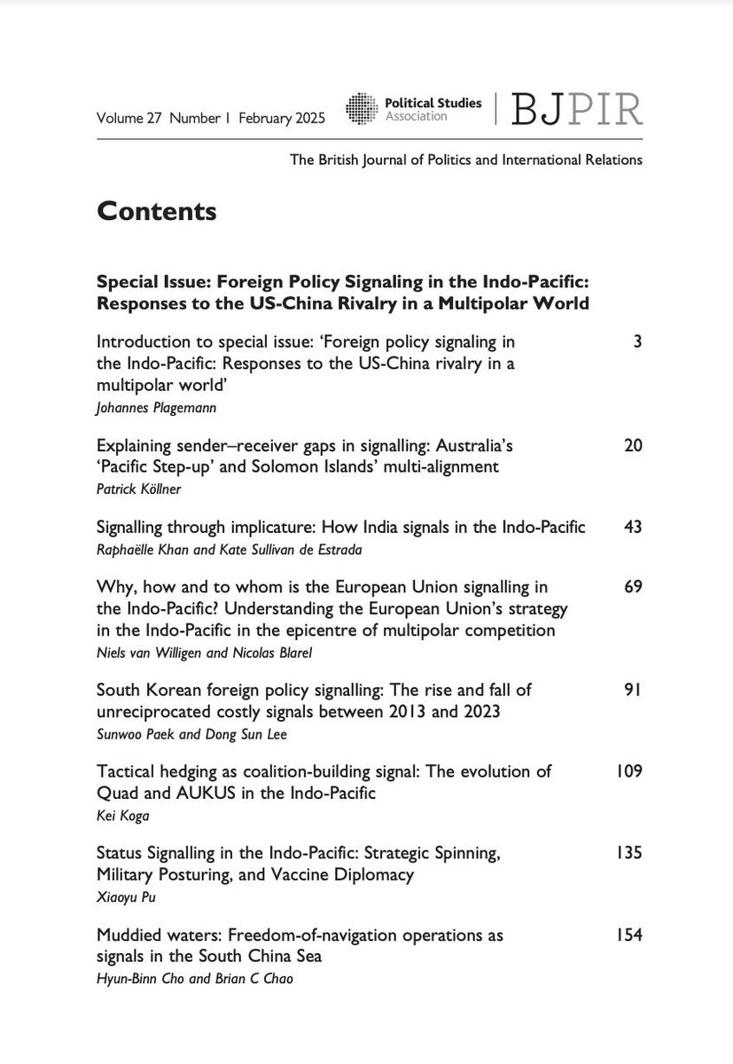 BritJPIR's tweet photo. 📣 New Special Issue of BJPIR out now!

BJPIR Volume 27 - Issue 1 includes:

🔹 8 articles including an introduction to the special issue: 'Foreign Policy Signaling in the Indo-Pacific: Responses to the US-China Rivalry in a Multipolar World' 

🔹 Original articles in #OpenAccess https://t.co/rpbQONJKPo