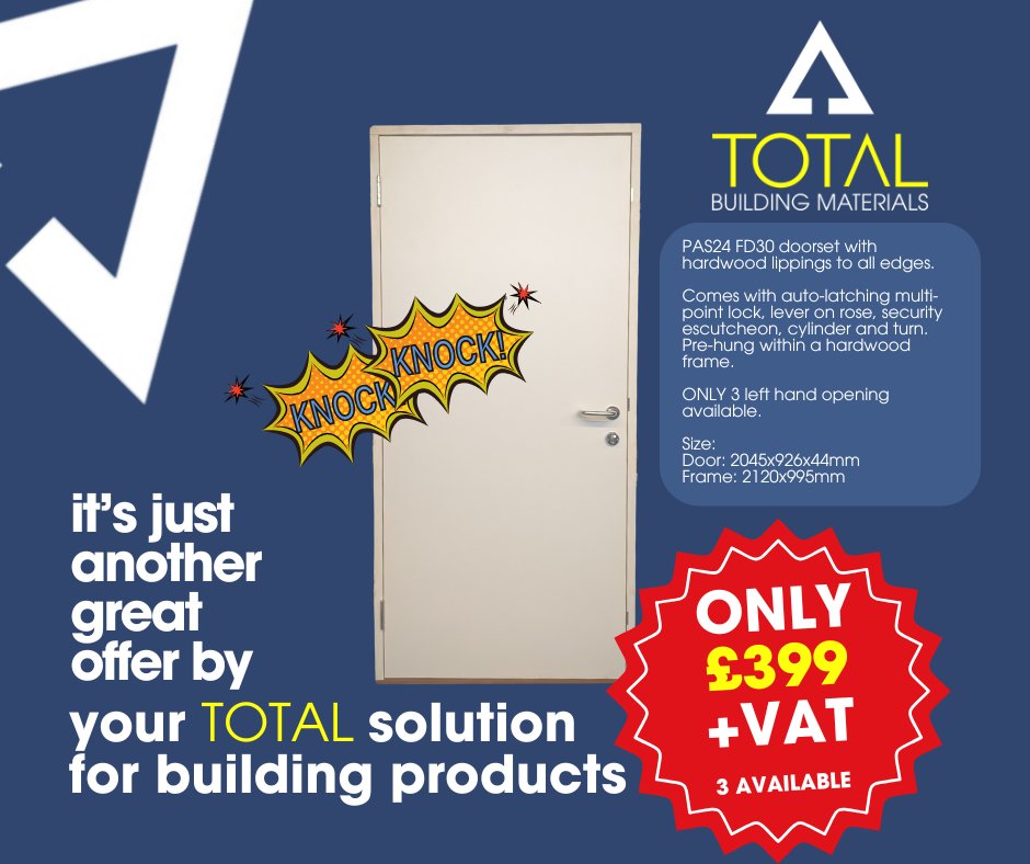 Open the door to this great deal!

ONLY 3 AVAILABLE (all left hand opening).
Size:
Door: 2045x926x44mm
Frame: 2120x995mm
Come on down to our branch or give us a call 01903 766212 and unlock this amazing offer!