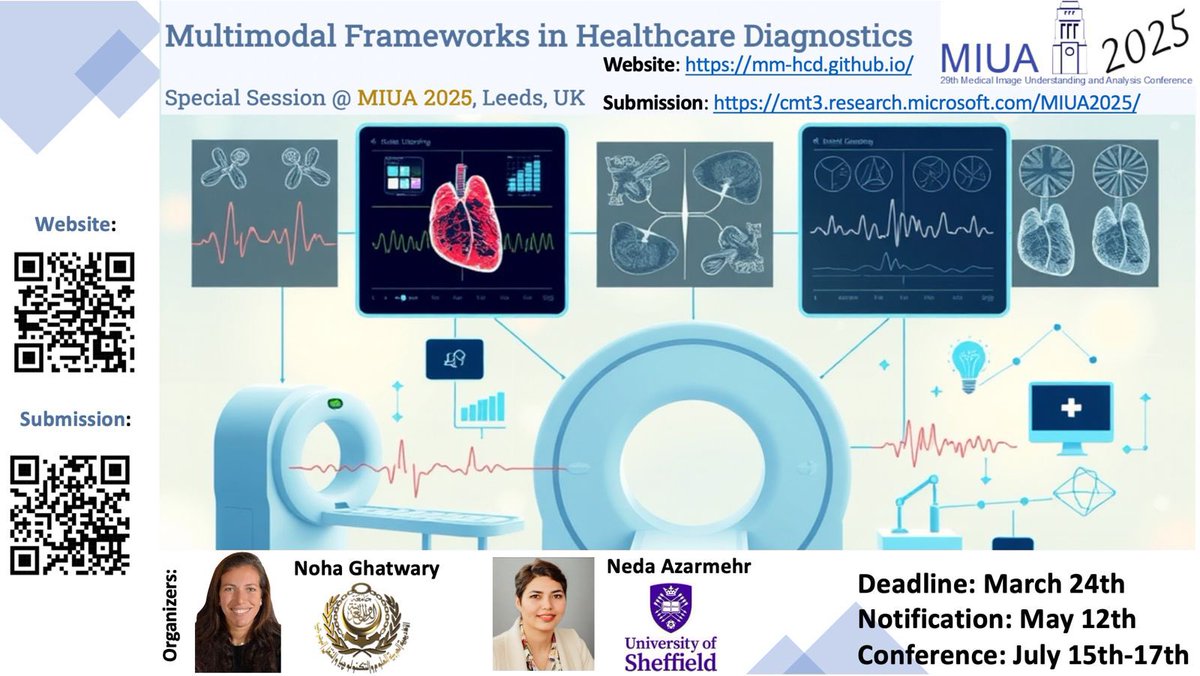 Please to announce a call for Full Papers on Multimodal Frameworks in Healthcare Diagnostics!
Join our Special Session at <a href="/miua2025/">MIUA2025</a> in Leeds, UK, to present your groundbreaking work on integrating imaging in healthcare
mm-hcd.github.io
#MultimodalImaging #MIUA