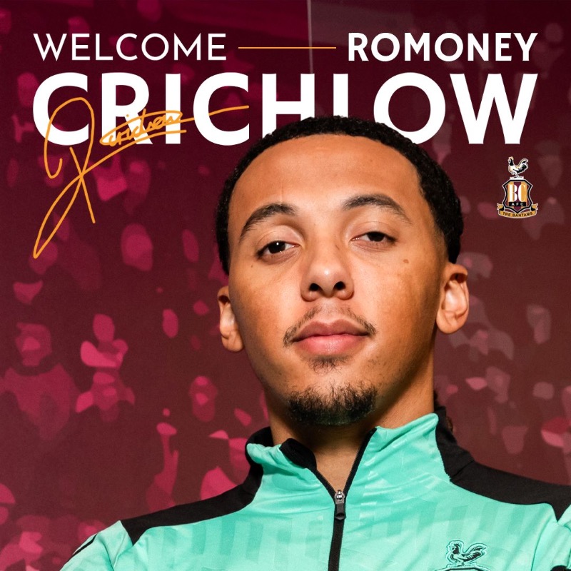 officialbantams's tweet photo. We are delighted to announce the permanent signing of Romoney Crichlow from Peterborough United until the end of the season, with an option of a further year. 🤝

#BCAFC