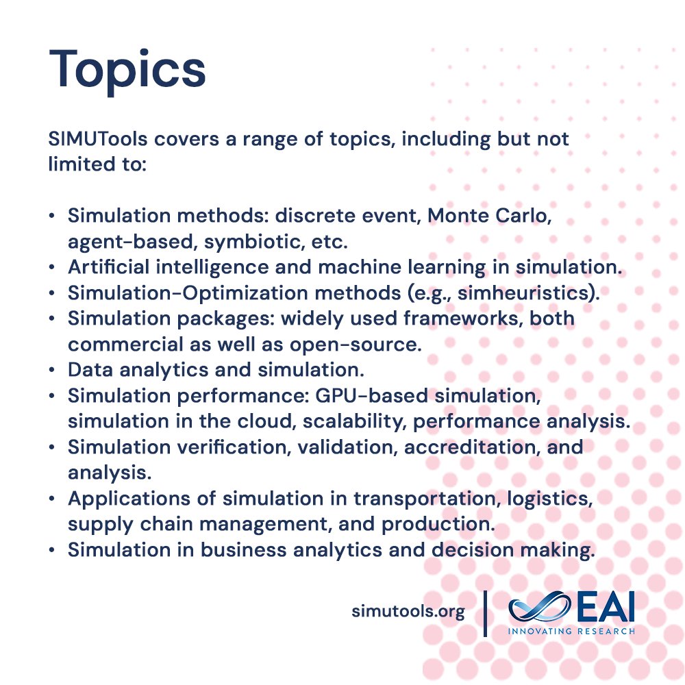 EAI_Social's tweet image. Submit your paper to #SIMUTools 2025! Conference convenes experts in simulation, modeling, and analysis to examine developments and innovations.
📅 Submission by July 31st, 2025
📜 Submit here 👉 simutools.eai-conferences.org/2025/call-for-…
📌 Valencia, Spain | December 1-2, 2025
#EAI #EAIConference