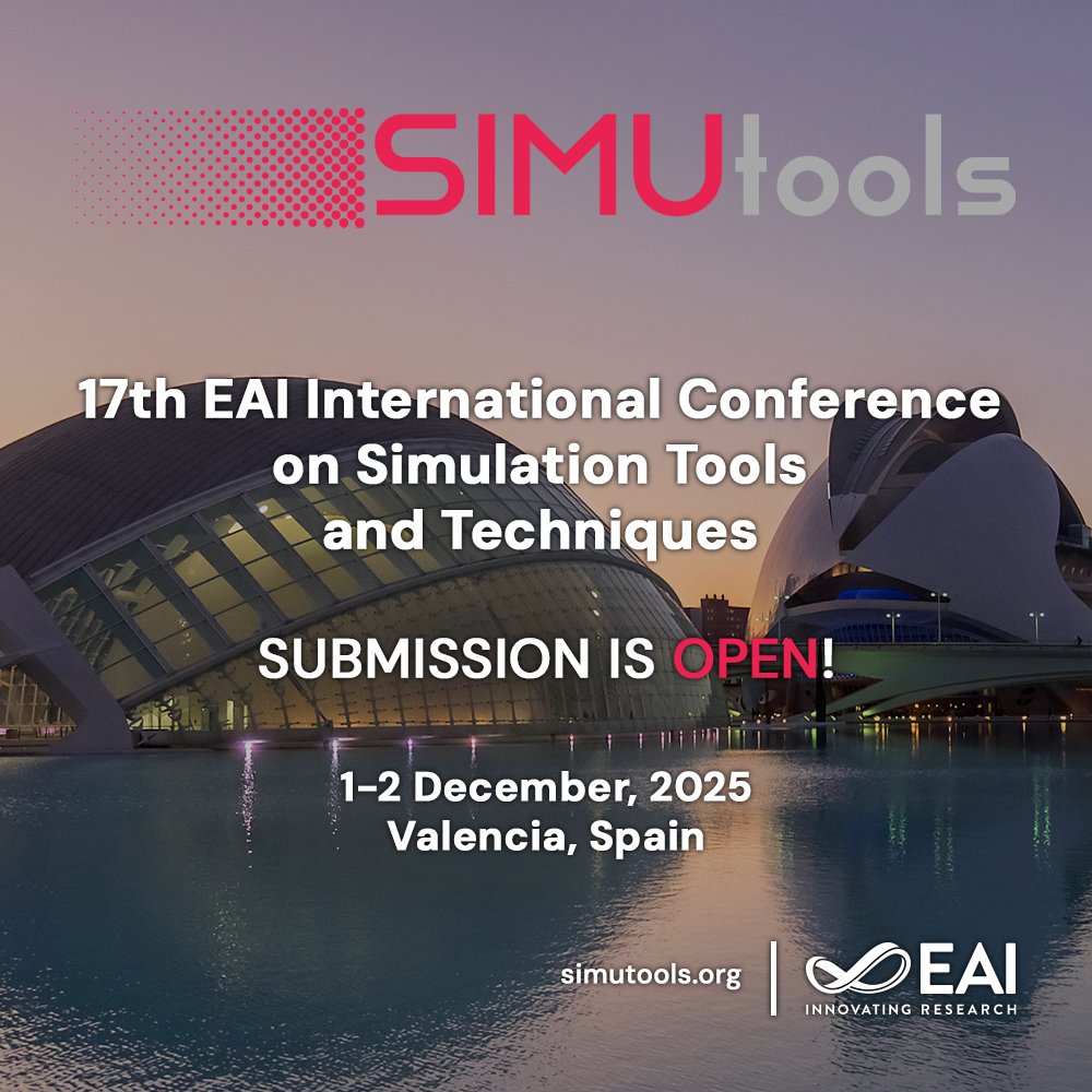 EAI_Social's tweet image. Submit your paper to #SIMUTools 2025! Conference convenes experts in simulation, modeling, and analysis to examine developments and innovations.
📅 Submission by July 31st, 2025
📜 Submit here 👉 simutools.eai-conferences.org/2025/call-for-…
📌 Valencia, Spain | December 1-2, 2025
#EAI #EAIConference