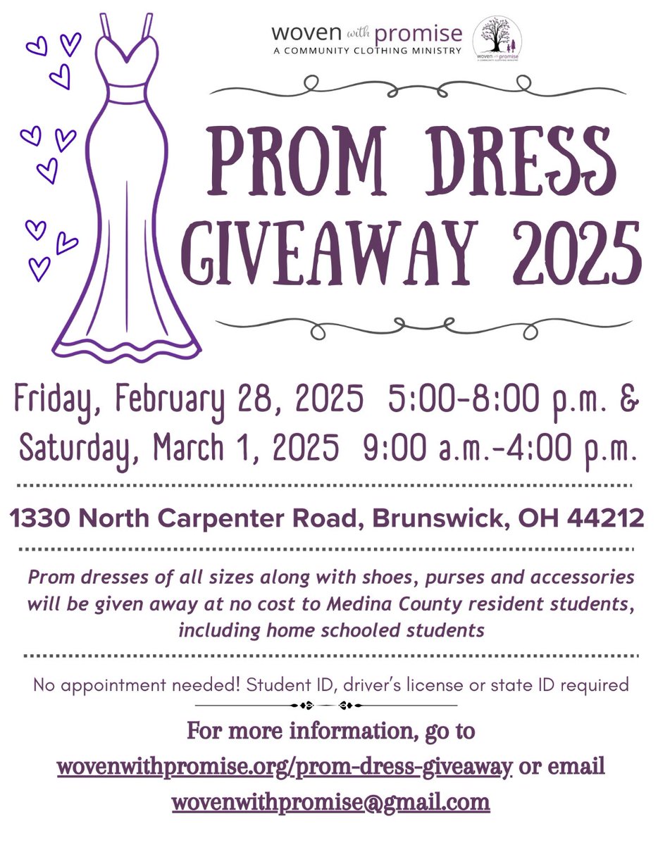 PROM DRESS
GIVEAWAY
Friday, February 28, 2025 5:00-8:00 p.m. &amp; Saturday, March 1, 2025 9:00 a.m. -4:00 p.m.
1330 North Carpenter Road, Brunswick, OH 44212
No appointment needed! Student ID, driver's license or state ID required For more information