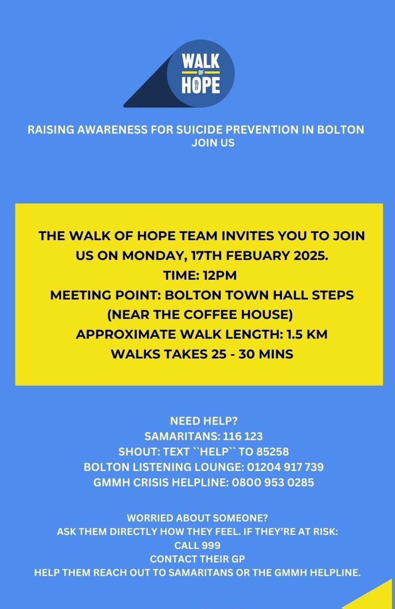 Come &amp; join us &amp; show your support for February's Walk of Hope. Help to carry the message forward one step at a time. 

#BoltonWalkofHope