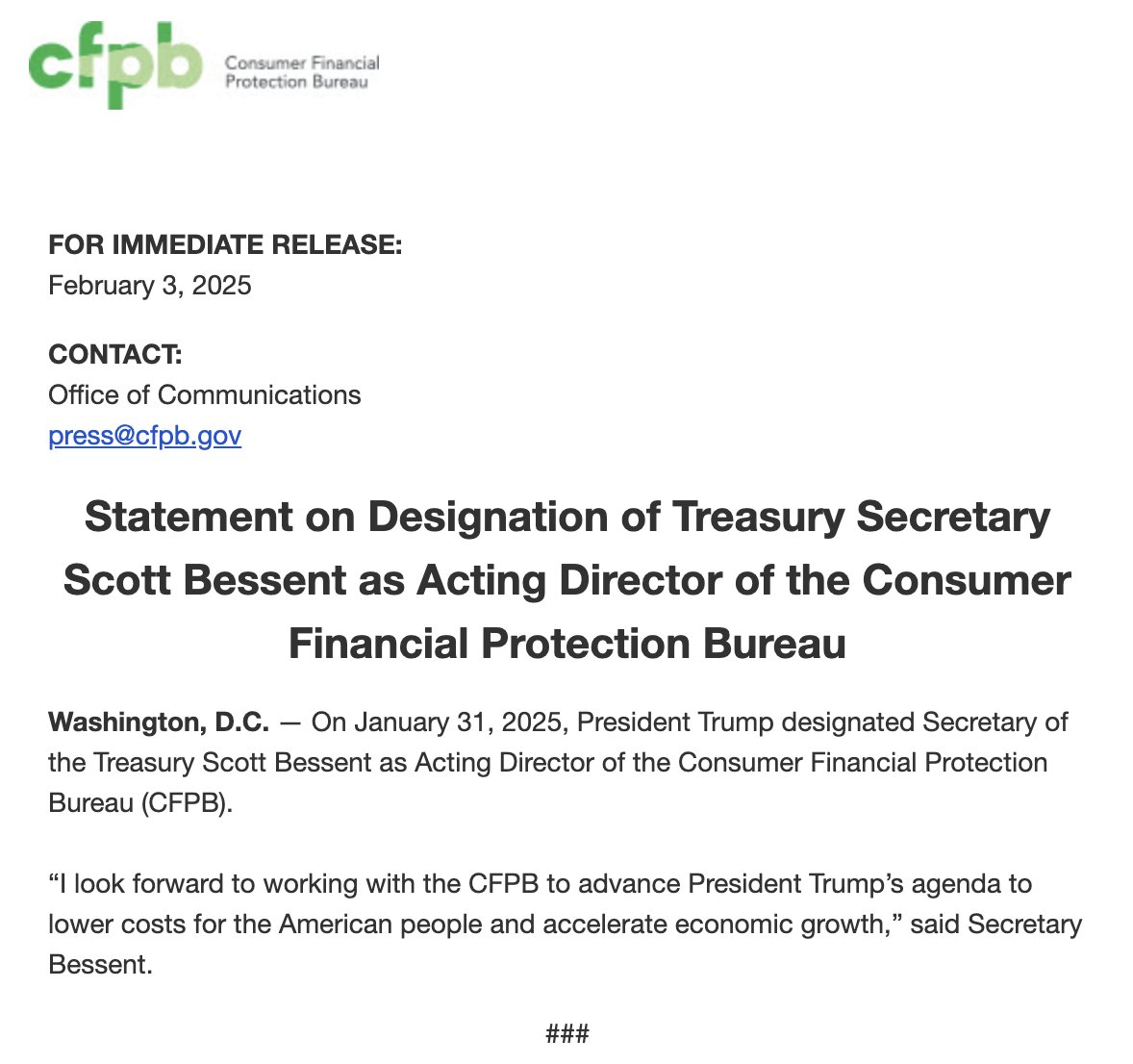 mikulaja's tweet photo. I stand corrected - newly confirmed Treasury Secretary Bessent named acting Director at CFPB, rather than OMB nominee Russ Vought, as had been the rumor: https://t.co/bqVJn2TzIw