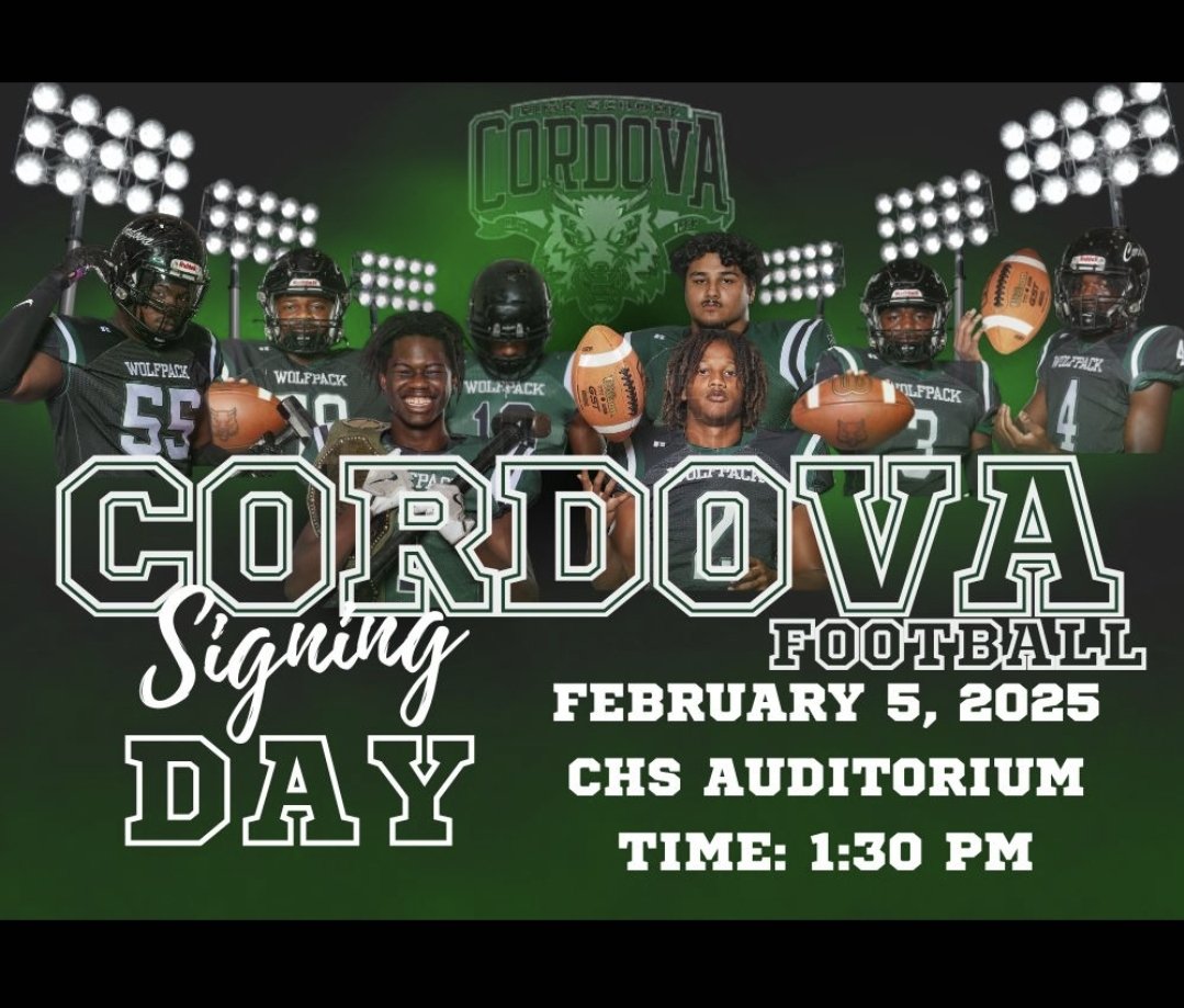 Cordova Wolfpack Football 
Signing Day - February 5th, 2025
* 327 Colleges and Universities across the United States were contacted.
*40 states cross the country were involved.
* 13 total seniors on our roster.
* 1 is joining the United States Navy
* 7 others are signing