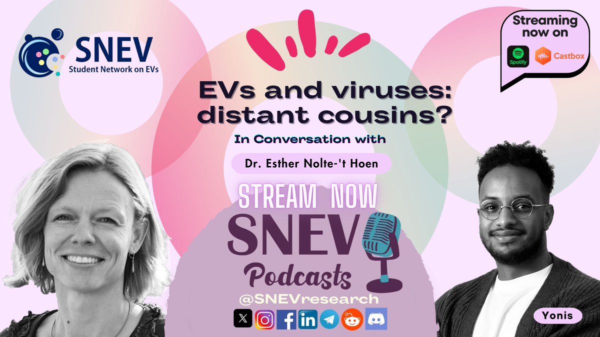 🎙️ New podcast episode! 

Listen to our latest episode with Dr. Esther Nolte-‘t Hoen as she shares insights on EVs, viruses &amp; immunity, flow cytometry, and NLSEV. 🦠🔬 

Tune in: shorturl.at/Zlx1U