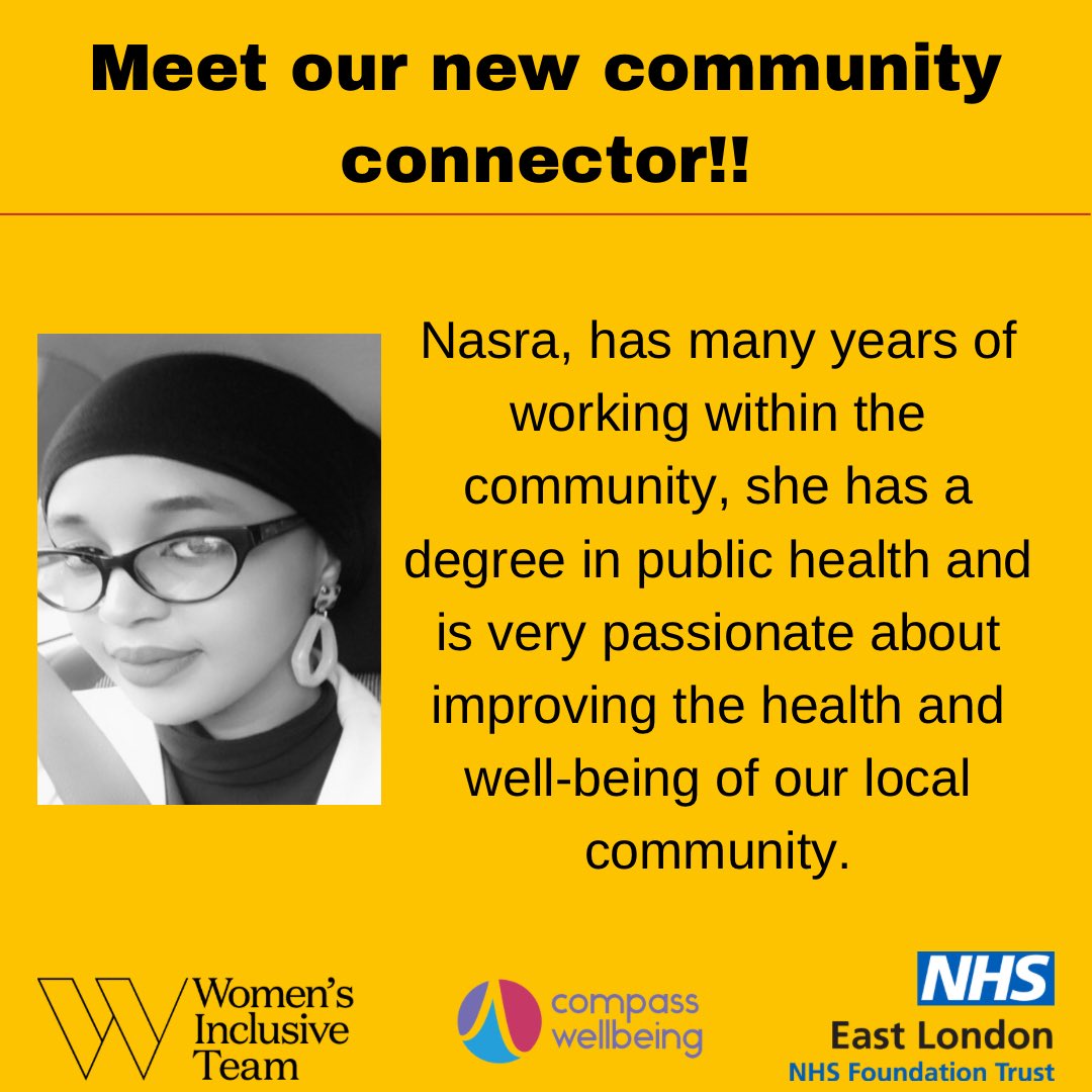 Meet the lovely Nasra; one of our 2 new community connectors who joined us quite recently. We are lucky to have her on the team 🙌🏾 

Please join us in welcoming her to the WIT family! 💛

#communityconnector #nhselft #community #towerhamlets #nhs #mentalhealth #london