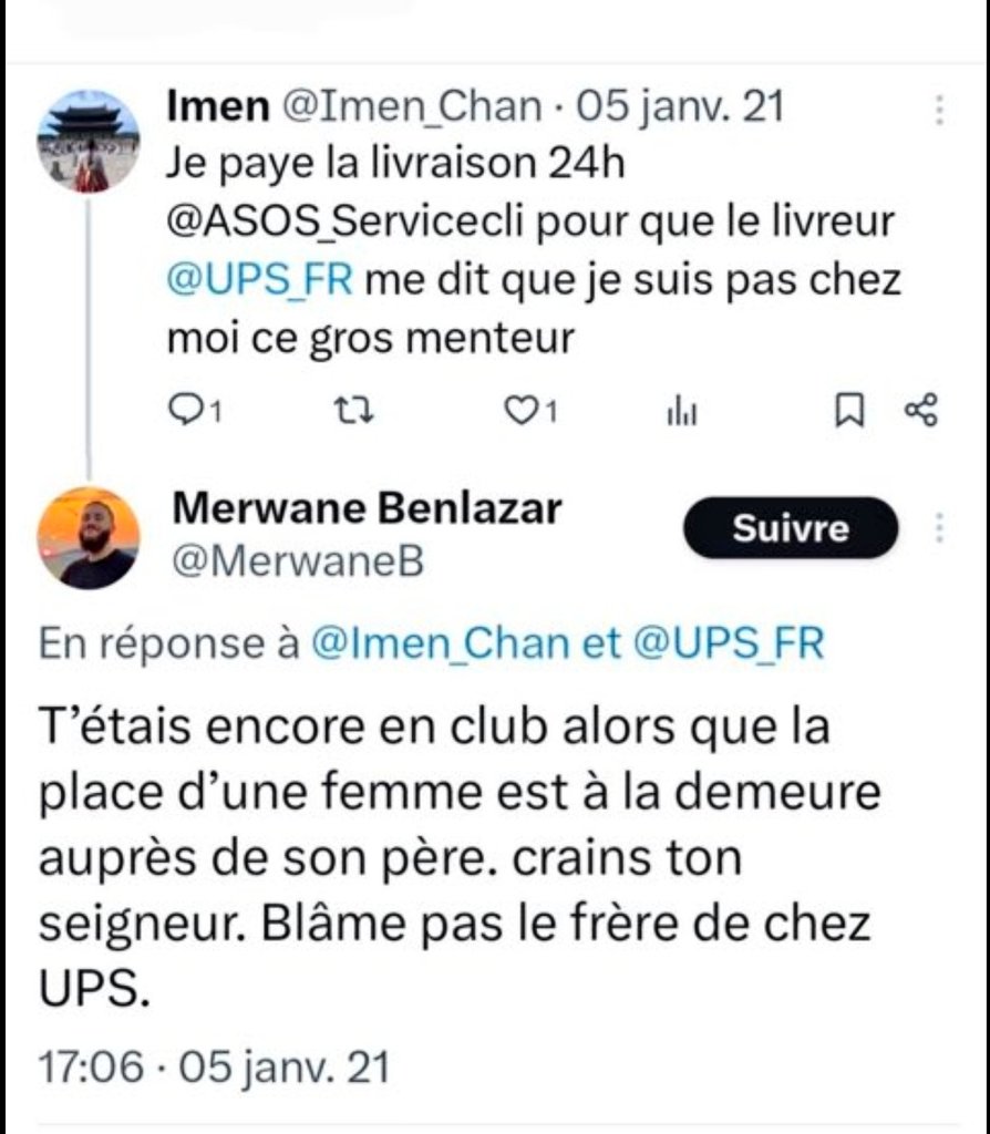 ManInBl08413565's tweet photo. @RiboDansLaSauce On est dans un tel niveau de gauchisme que l'on accepte un mec qui prône la charia (lire ses tweets précédents) et qui pour lui les femmes c'est à la maison sous la loi d'un homme https://t.co/VcRri7xwSG