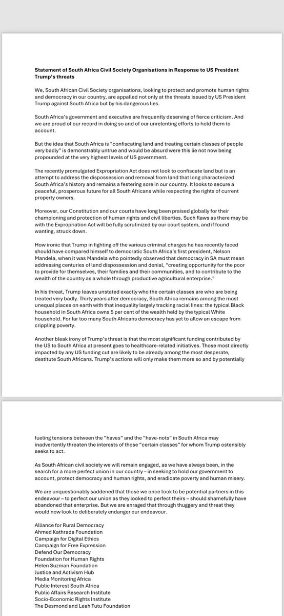 SA civil society groups respond to Trump’s threats.