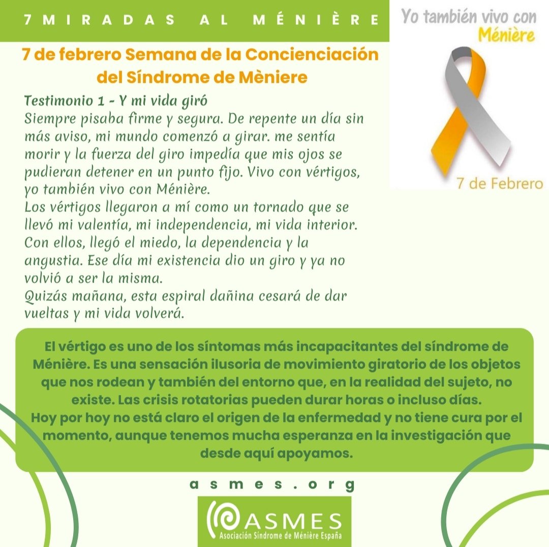 Feliz y estable lunes. 
Recordar hoy comienza la semana de la concienciación del síndrome de Ménière. Atentos a las publicaciones de ésta semana, serán esperamos muy interesantes.

#ConcienciaMénière2025