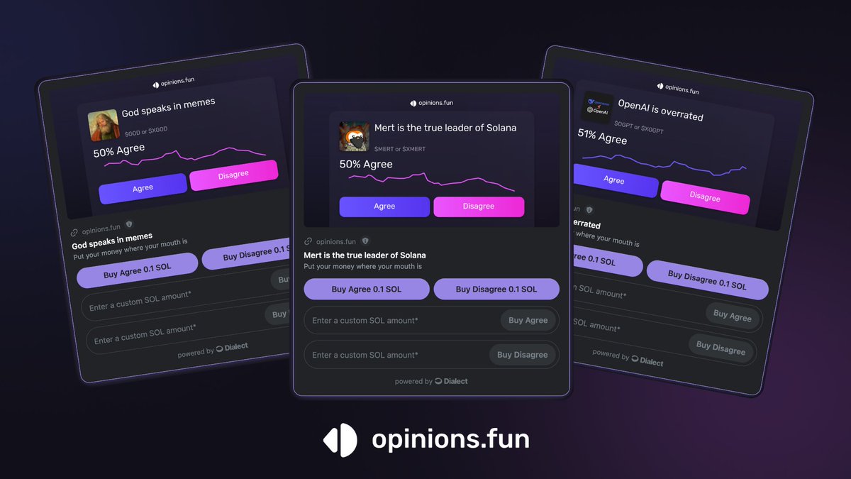 opinionsdotfun's tweet image. New feature alert

Introducing Solana Blinks for all opinion markets

You can now buy opinions directly wherever Blinks are enabled, including here on X

Every opinion link that you share, will now be displayed as a Blink

Powered by the chads @saydialect