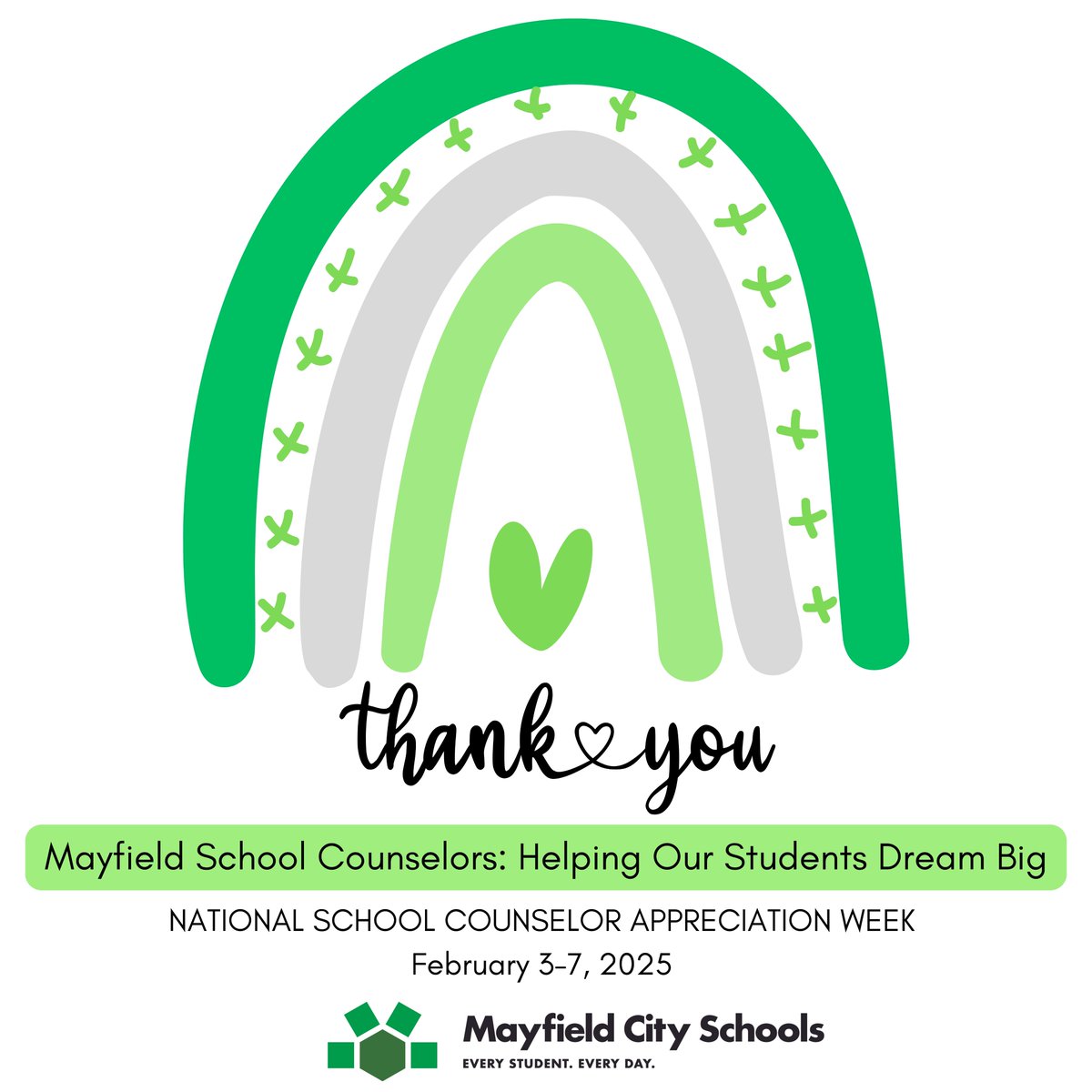 THANK YOU, MAYFIELD SCHOOL COUNSELORS - Helping our students DREAM BIG
MHS: Mia Bourdakos, Covina Dunnihoo, Hannah Grazia, Joe Hayes, Deanna Paglio, Joe Wargo
MMS: Leah Borden, Traci Wright, John Paydo
Elementary: Chris DiMarino, Melissa Gamiere, Rebecca Schmidt #mychoicemayfield