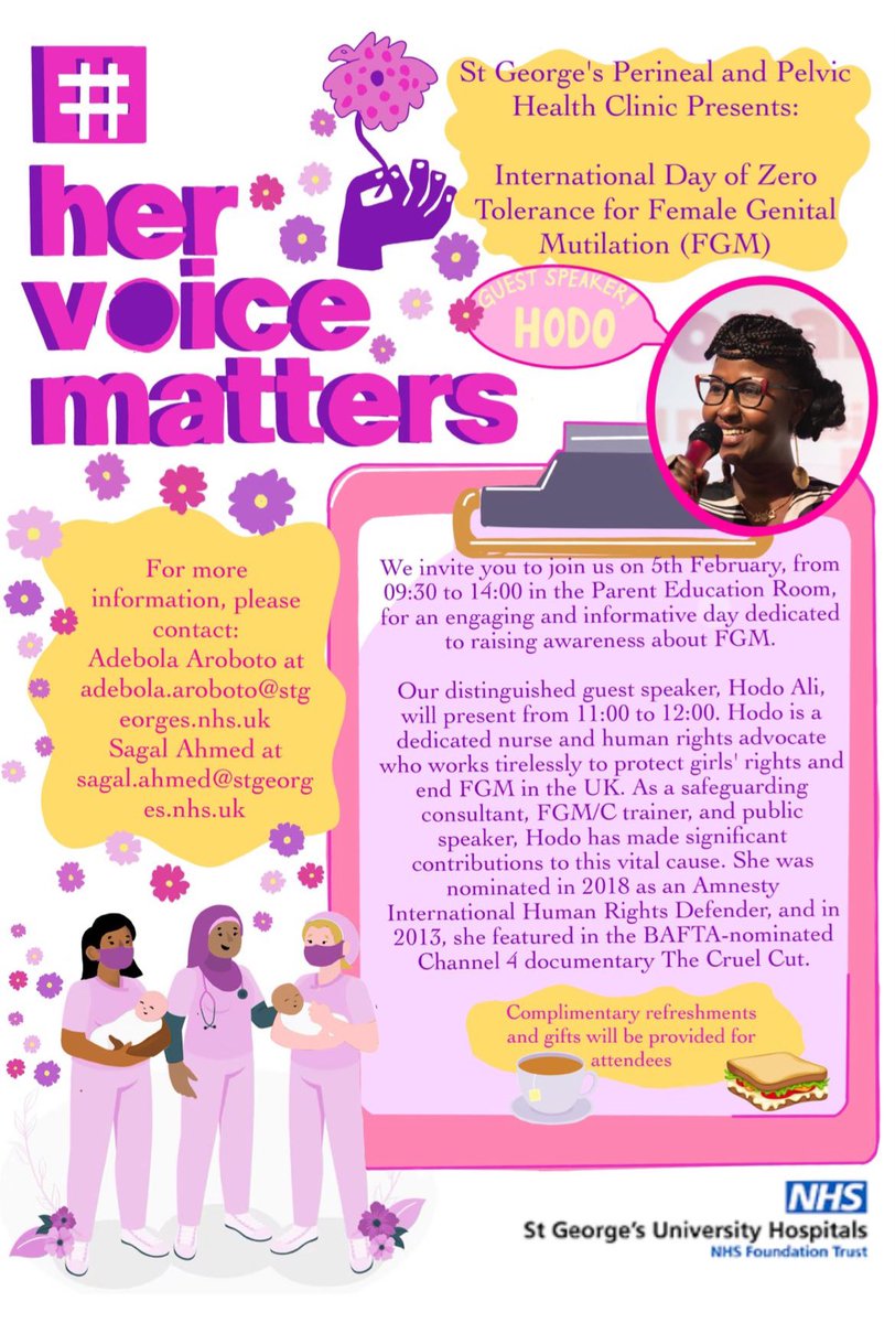 <a href="/STGMaternity/">St Georges Maternity</a>  celebrating FGM International Zero Tolerance Day with <a href="/HodoMAli/">Hoda M Ali</a> <a href="/geshNHS/">St George's, Epsom and St Helier</a> <a href="/GivingtoGeorges/">St George's Hospital Charity</a> <a href="/Manjitroseghin2/">Manjit roseghini</a> <a href="/RuthOshikanlu/">Dr Ruth Oshikanlu MBE RN RM RHV QN FRCN FAAN FRSPH</a> <a href="/NHSEngland/">NHS England</a> <a href="/CMidOEngland/">Kate Brintworth</a> <a href="/CapitalMidwife/">CapitalMidwife</a> <a href="/FNightingaleF/">Florence Nightingale Foundation</a> <a href="/comfortmomoh/">Dr (Hon) Comfort Momoh MBE, RCM Fellow</a> <a href="/MidwivesRCM/">Royal College of Midwives 💙</a> #EndFgm.