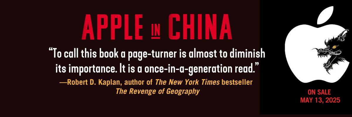 Emerging from stealth mode to announce my upcoming book: Apple in China: the Capture of the World’s Greatest Company.

It’s the untold, 30-year story of how the tech giant tied its fortunes to America's biggest rival, transforming both company and country.

A *thread*