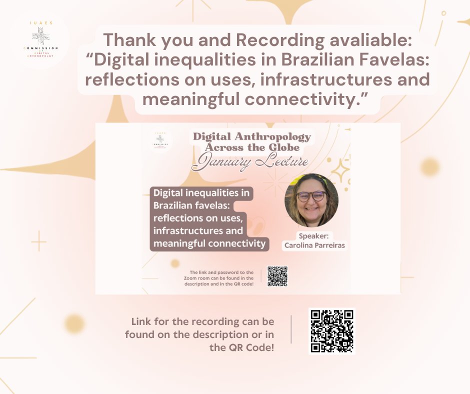 In January, we kicked off our "Digital Anthropology around the Globe" series with Carolina Parreiras, discussing digital inequalities in Brazilian favelas &amp; tech’s role in gang-governed areas. Watch here: shorturl.at/BPY5S