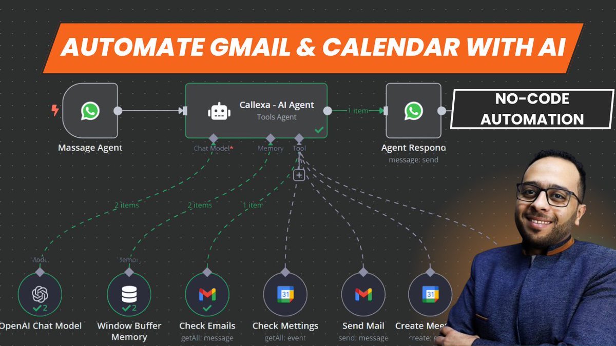 ARamadan1010's tweet image. بتضيع وقتك بين الرد على الإيميلات وتنظيم مواعيدك؟ 😩
دلوقتي تقدر تسيب كل ده لـ Callexa، مساعدك الذكي اللي هيعمل كل حاجة أوتوماتيك! 🚀
سلااااااااااااااااااام 👋
#AI #Automation #EmailAssistant #GoogleCalendar #Productivity #NoCode #N8n #GmailAutomation #AI_AGENT