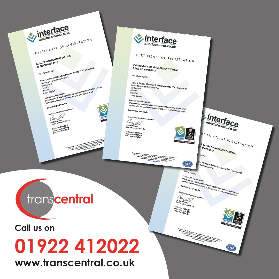 TranscentralUk's tweet image. We are proud to announce that Transcentral this month have completed our annual surveillance audit to maintain our certification to our UKAS 9001, 14001 and 45001 management systems
 
📧 info@transcentral.co.uk
☎️ 01922 412022.