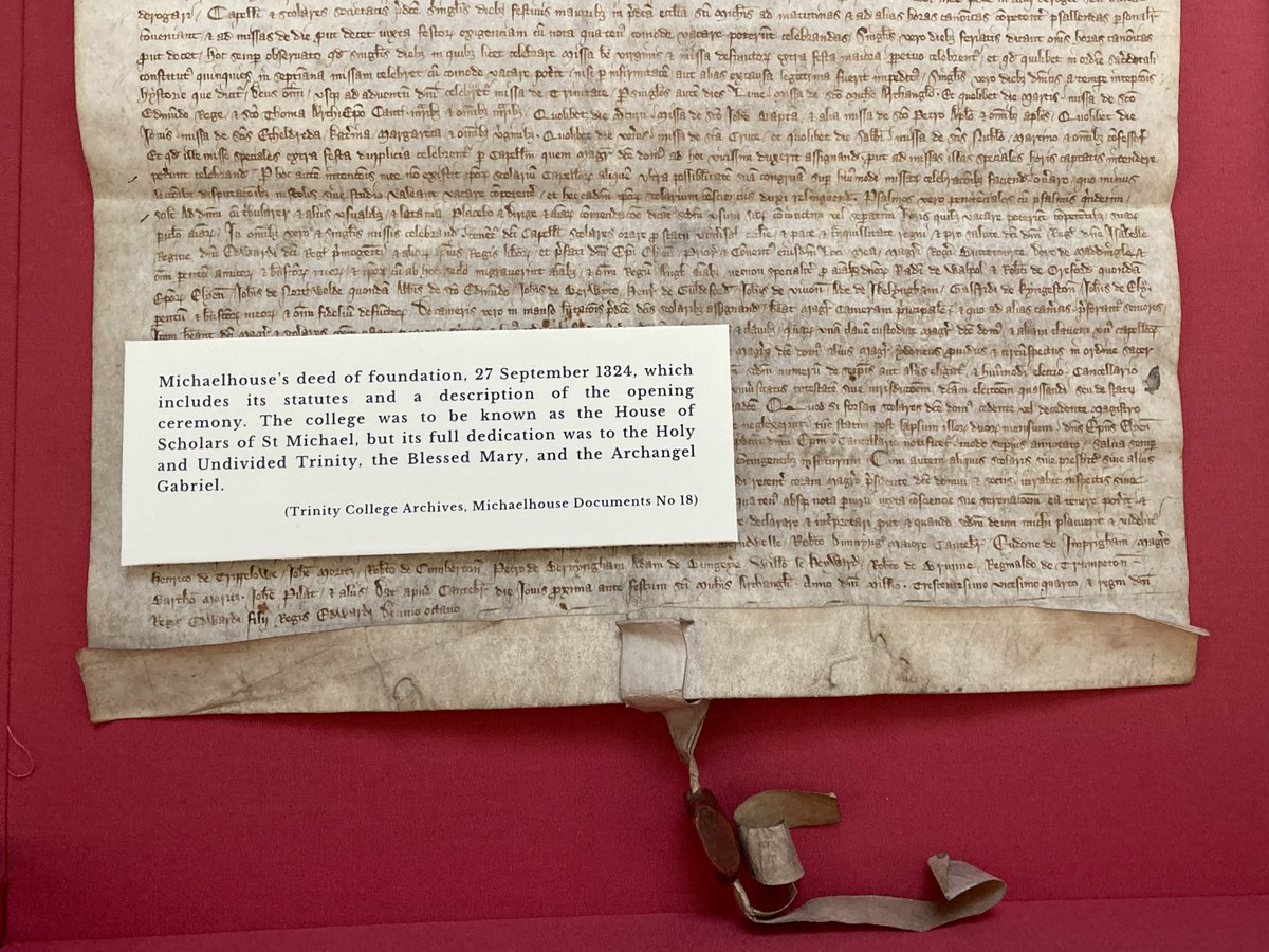 TrinCollLibCam's tweet image. For today's #MichaelhouseMonday, we are sharing a very important feature from the Michaelhouse 700 exhibition: the Deed of Foundation. This document dates back to 1324 and includes the college's statutes and a description of the opening ceremony.