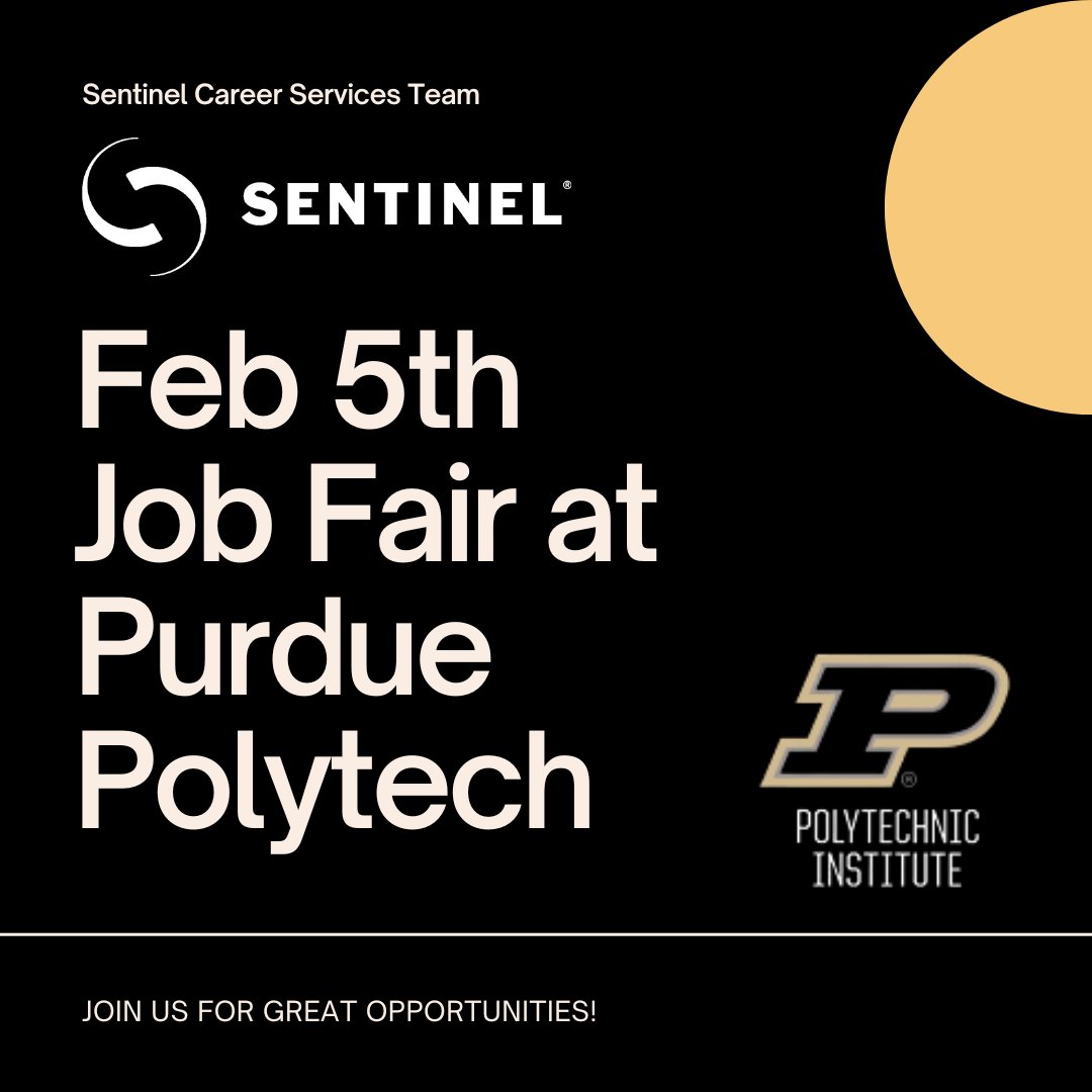 Sentinel Technologies will be at the Purdue Polytechnic Career Fair on February 5th from 9 AM to 3 PM ET! 

If you're looking for exciting opportunities, come visit us and learn more about what we have to offer. 🚀

#SentinelTechnologies
#NowHiring
#TechJobs
#PurduePolytech