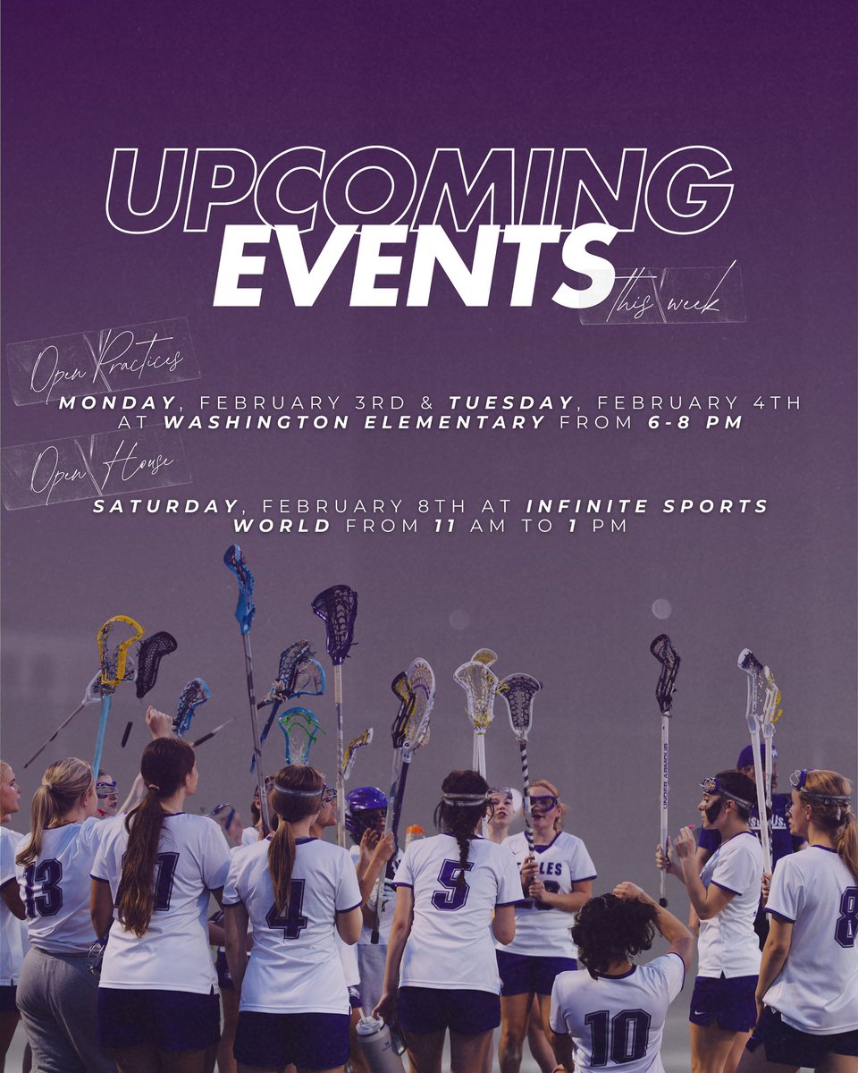 This Week’s Events 

Open Practices:
MONDAY &amp; TUESDAY, FROM 6-8 PM 📍WASHINGTON ELEMENTARY

Open House
SATURDAY, FEBRUARY 8TH FROM 11 AM TO 1 PM 
📍INFINITE SPORTS WORLD

Try It Out! We’ll have a stick for you!
