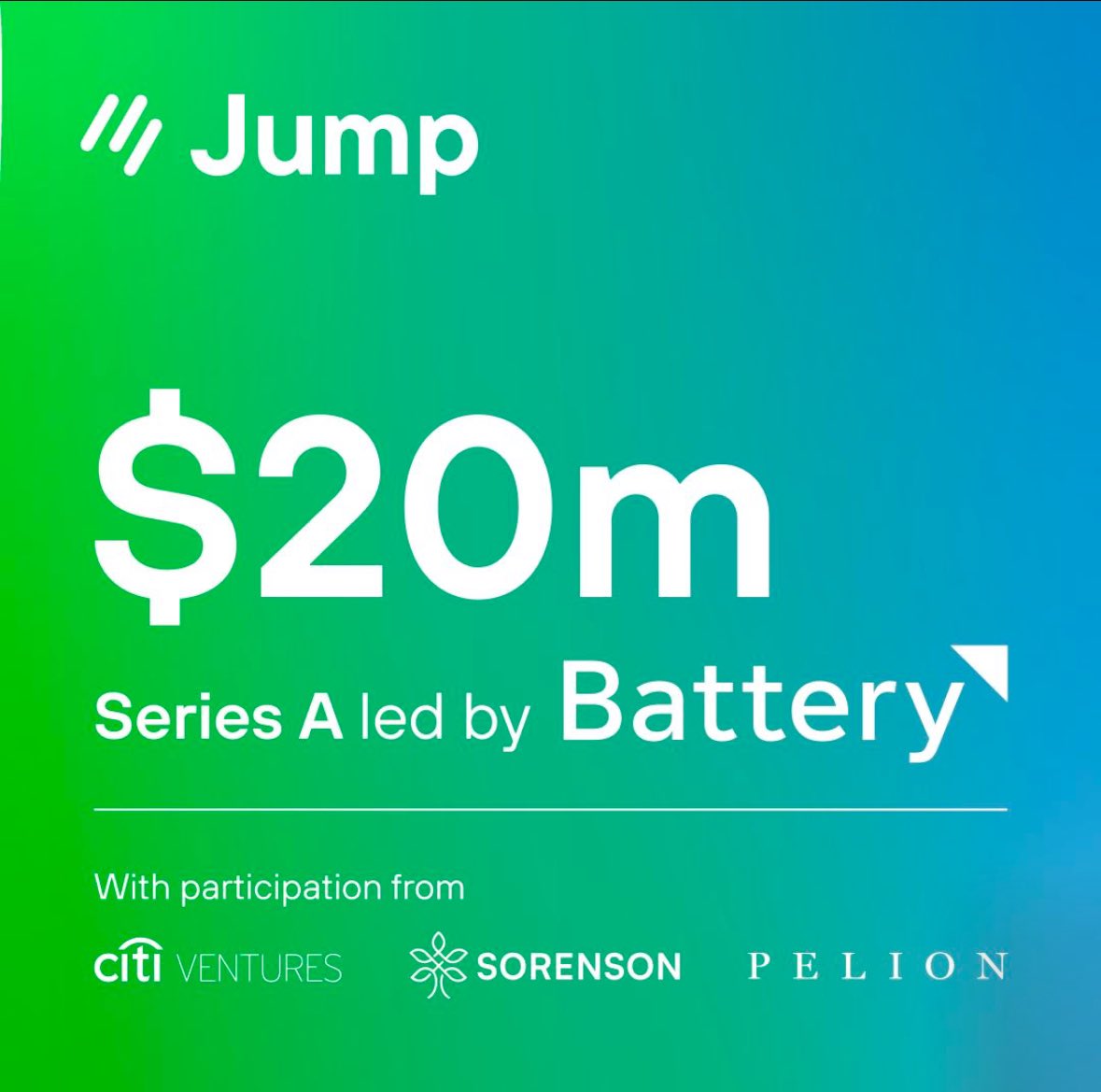 Jump is announcing a great Series A today from <a href="/BatteryVentures/">Battery Ventures</a> 

We <a href="/Pelion_VP/">Pelion Venture Partners</a> are so stoked to be investors. Along side <a href="/SorensonCap/">Sorenson Capital</a> <a href="/jarennichols/">Jaren Nichols</a> and others. 

LFG