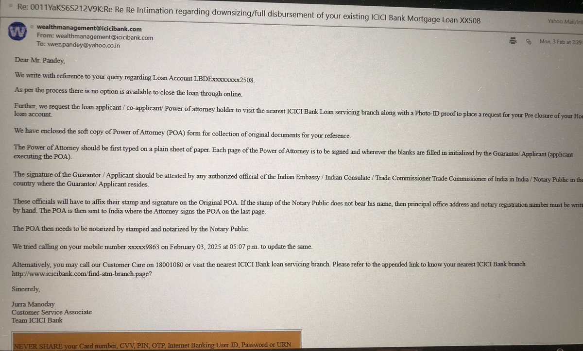 PandeySwez's tweet image. The broken system ignores the struggles of the middle class. 
ICICI’s latest demand to close a basic loan account is just another example of how we’re ignored and exploited. Still no answer on which clause they’re hiding behind
#MiddleClassFrustration #BankingNightmare #pmoindia