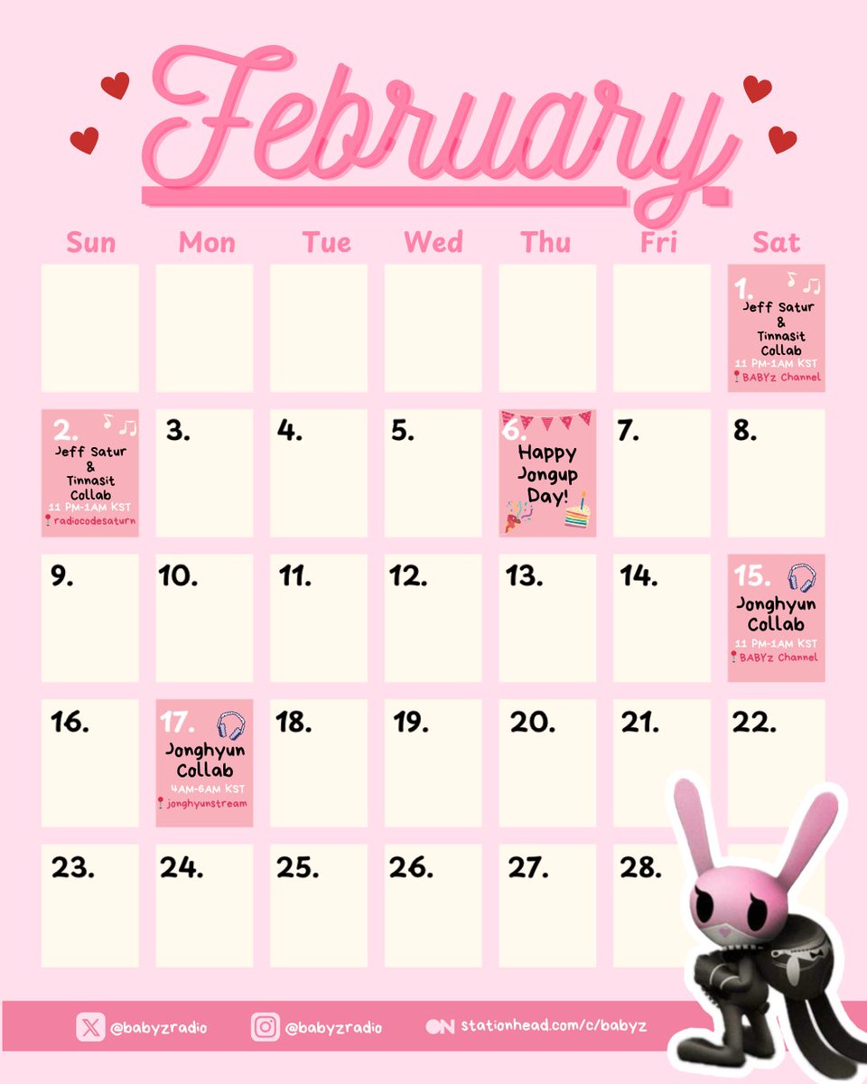 babyzradio's tweet photo. #UPDATED! Our February calendar ๐Please note host stations, dates, and times are in KST!
Link to our channel: https://t.co/HYmD0mhwJz
#bestabsoluteperfect #bapbabyz #๋น์์ดํผ https://t.co/HDAnCbP6fL