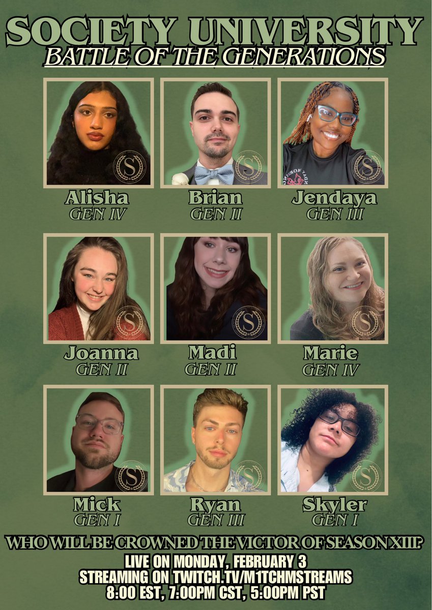 _societynetwork's tweet photo. These students entered the game January 9th! After a long 3 weeks of scheming we will find out who will take it all home TONIGHT!

Tune in tonight at 8EST/7CST/5PST to watch all the action go down LIVE on TWITCH… link below ⬇️ 

https://t.co/Dx2YR1FOUa https://t.co/MYuq0nhNYj