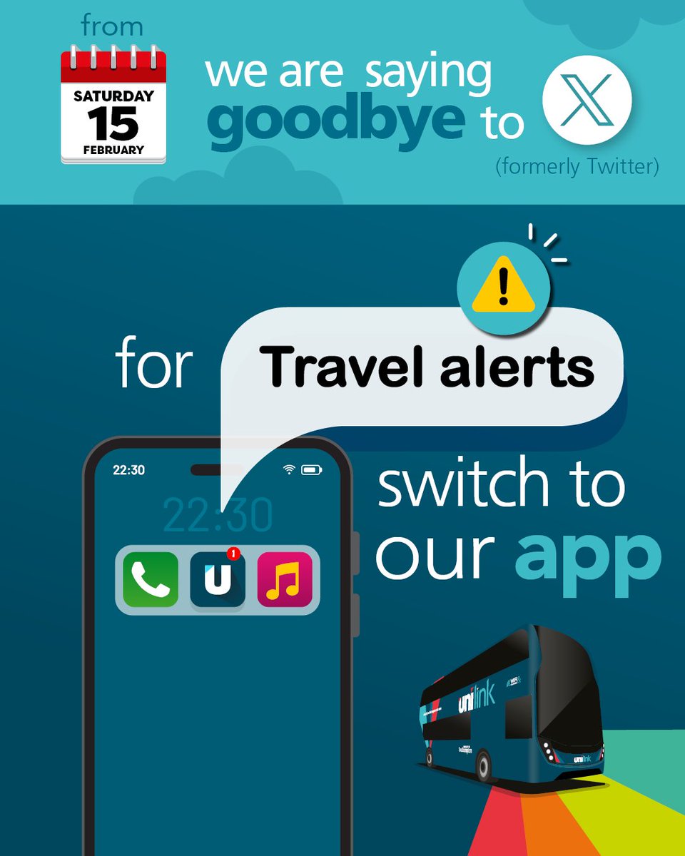 From Saturday 15 February, we will no longer be using X (formerly Twitter) to send out travel alerts. Switch to our app to receive personalised travel alert push notifications straight to your phone!🔔📲
Check out our website to find out more:
unilinkbus.co.uk/introducing-tr…
