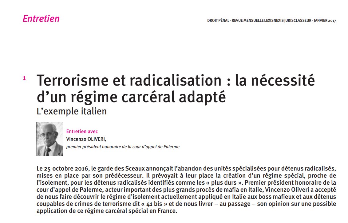 Droit pénal (@dr_penal) on Twitter photo Pour tout savoir sur le « 41 Bis », le régime carcéral italien : interview de Vincenzo Oliveri à relire dans <a href="/Dr_penal/">Droit pénal</a> : Dr. pén. 2017, entretien 1
#41bis #prison #peines Pour tout savoir sur le « 41 Bis », le régime carcéral italien : interview de Vincenzo Oliveri à relire dans <a href="/Dr_penal/">Droit pénal</a> : Dr. pén. 2017, entretien 1
#41bis #prison #peines