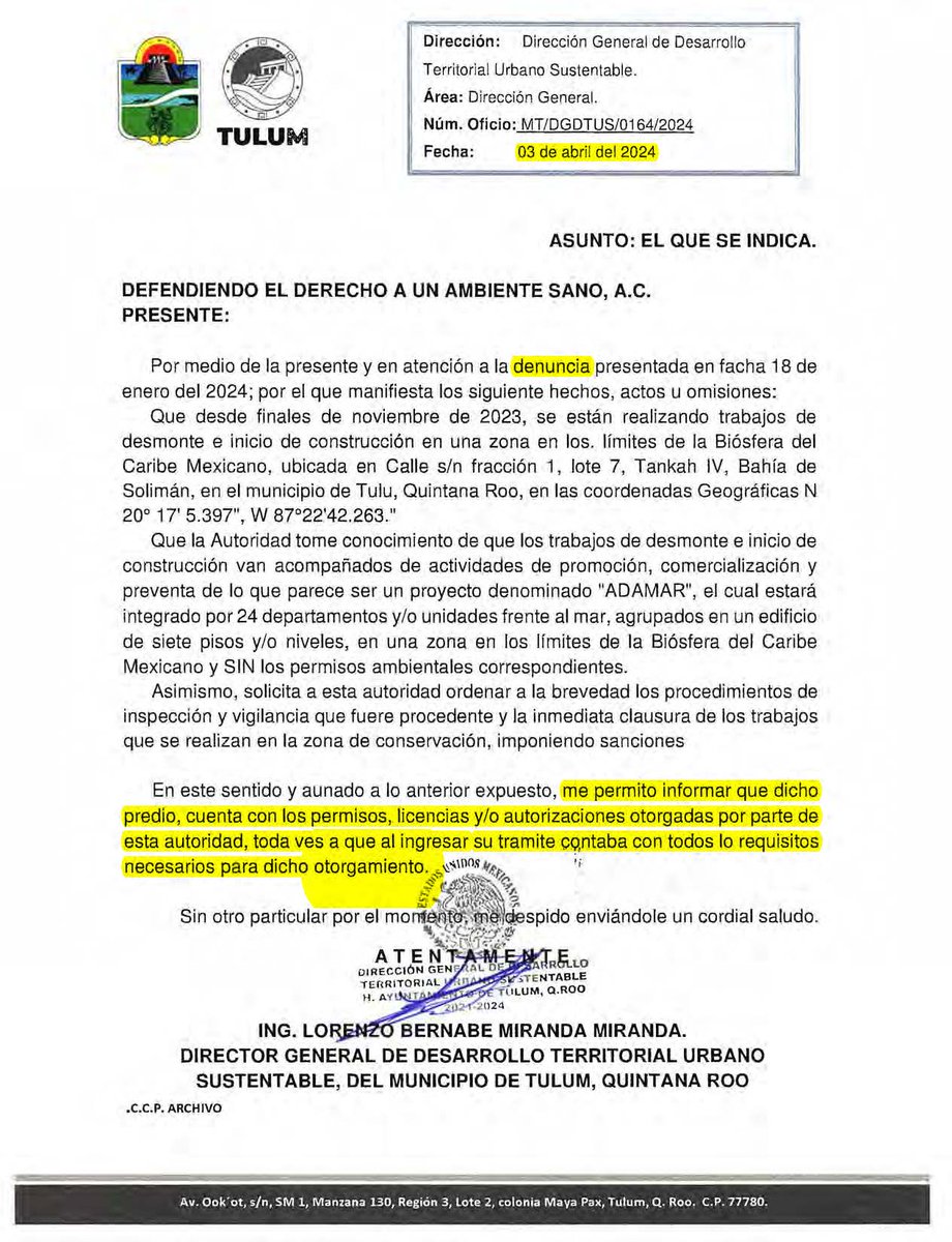 AcDmas's tweet photo. Cuando denunciamos la construcción de #ADAMAR en #Soliman, municipio de #Tulum- nos respondieron el oficio de abajo diciendo que el predio contaba con permisos, autorizaciones y hasta bendiciones.
RESULTA QUE NO HAY NADA -
Se comenten VARIOS DELITOS URBANOS a cargo del Director de Desarrollo Urbano del @Ayto_Tulum 
@FGEQuintanaRoo TOME NOTA- que ya le demandamos via AMPARO que nos ignoren...