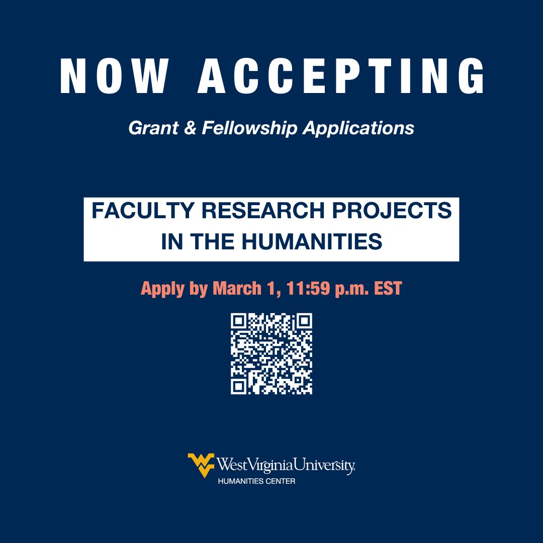 We are now accepting applications for FY26 grants &amp; fellowships for faculty research projects in the humanities. Apply by March 1, 2025 at 11:59 p.m. EST.

For more info &amp; application forms, visit humanitiescenter.wvu.edu/initiatives/gr….

Questions? Email humanitiescenter@mail.wvu.edu.