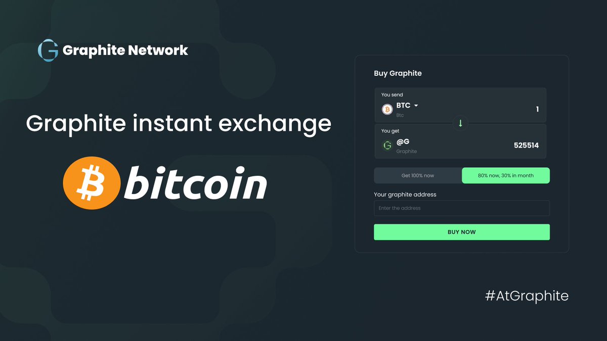 GraphiteNetwork's tweet image. Now accepting BTC.

#GraphiteNetwork Instant Exchange now supports Bitcoin. 

Buy $atG with BTC—effortless and instant.

And don’t forget about our Take &amp;amp; Stake program: stake 20% and get a 10% bonus in a month.🎁

Try it now: atgraphite.com/buy-graphite

#AtGraphite #Bitcoin #BTC