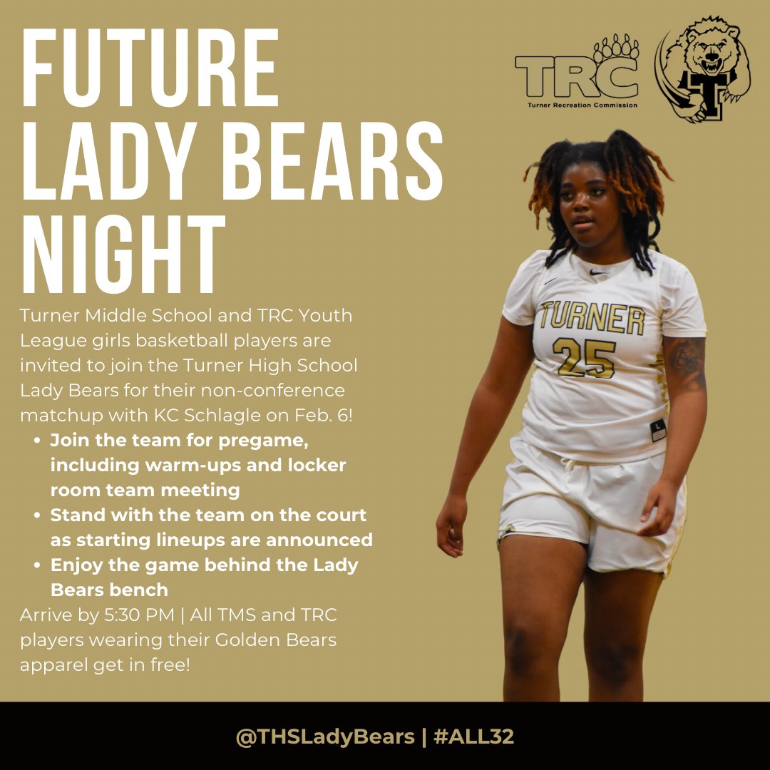 On Thursday, we’re hosting Future Lady Bears Night for our non-conference matchup with KC Schlagle!

All <a href="/TMSbearsKS/">TMS Principal</a> and <a href="/Turner_Rec/">Turner Recreation Commission</a> girls basketball players are invited — those wearing their team apparel get in free.

See you there! #ALL32⚡️