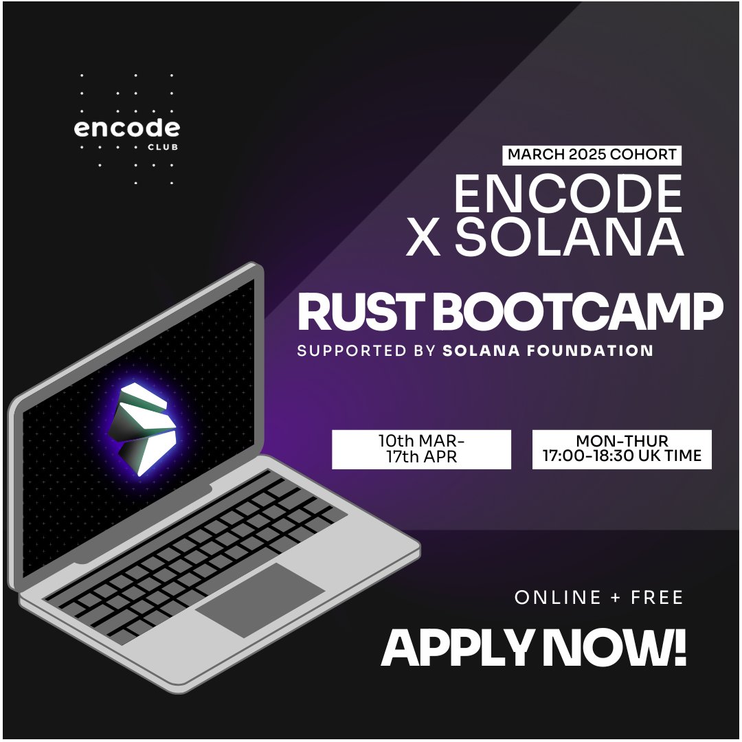 📢 Applications are open for the March @solana Rust Bootcamp cohort! Master  the fundamentals of Rust and apply them to the Solana ecosystem. Gain  hands-on experience in smart contract development, DeFi protocols,