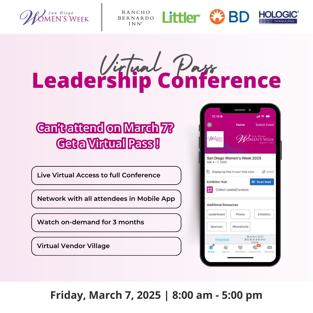 SDWomensWeek's tweet image. Get your tickets now and experience the Leadership Conference from anywhere! sdwomensweek.com/tickets/

#nsdbc #sandiego #event #sdwomensweeek #women #womeninbusiness #sandiegonetworking