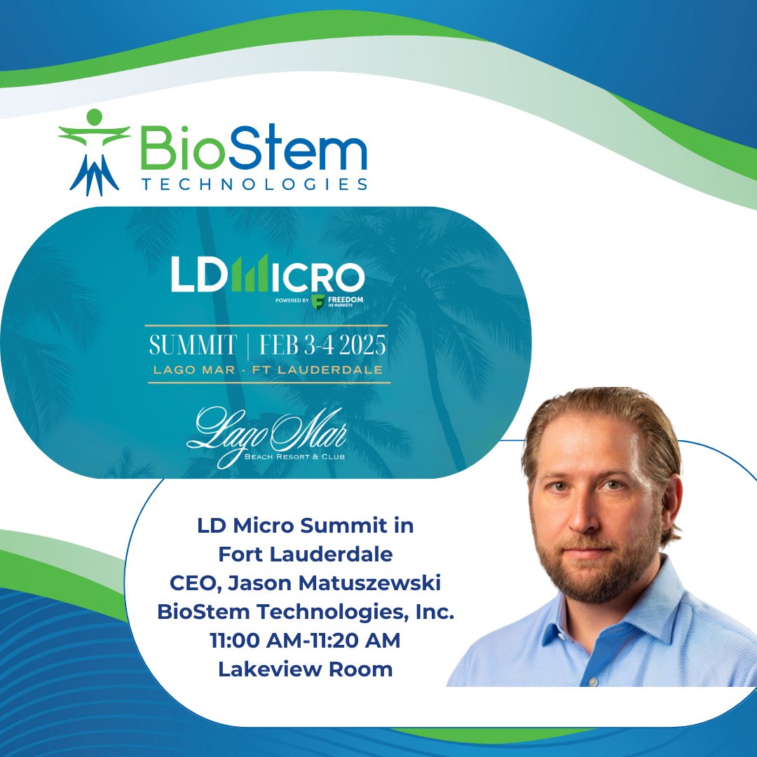 BSEM_Tech's tweet photo. Join us tomorrow at 11 AM in Fort Lauderdale as BioStem's CEO, Jason Matuszewski, takes the stage at the LD Micro Event! Don’t miss this opportunity to hear firsthand how BioStem is setting a new standard in wound care. Event Info: https://t.co/JCJvgM7SEJ $BSEM #LDMicro https://t.co/G2XKy9CXpA
