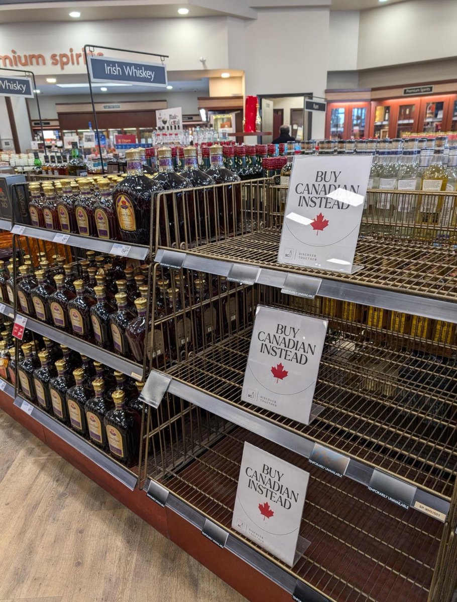 OneTopicAtATime's tweet image. Canada is stripping American liquor from shelves in British Columbia in response to Trump’s tariffs.
🍁
